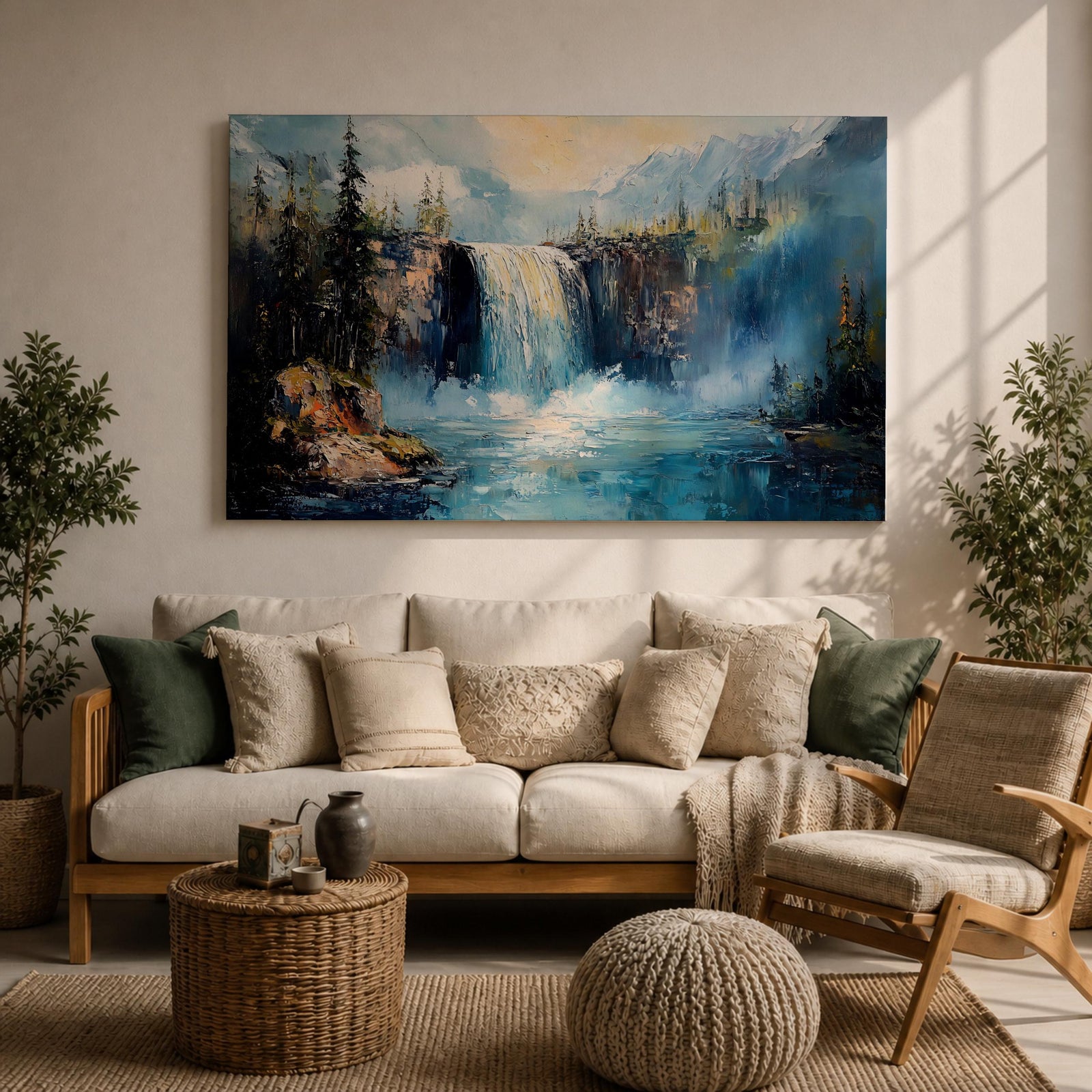 Waterfall Wall Art Cascade Framed Canvas Forest Landscape Impasto Rustic Lodge Home Decor