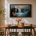 Waterfall Wall Art Cascade Framed Canvas Forest Landscape Impasto Rustic Lodge Home Decor