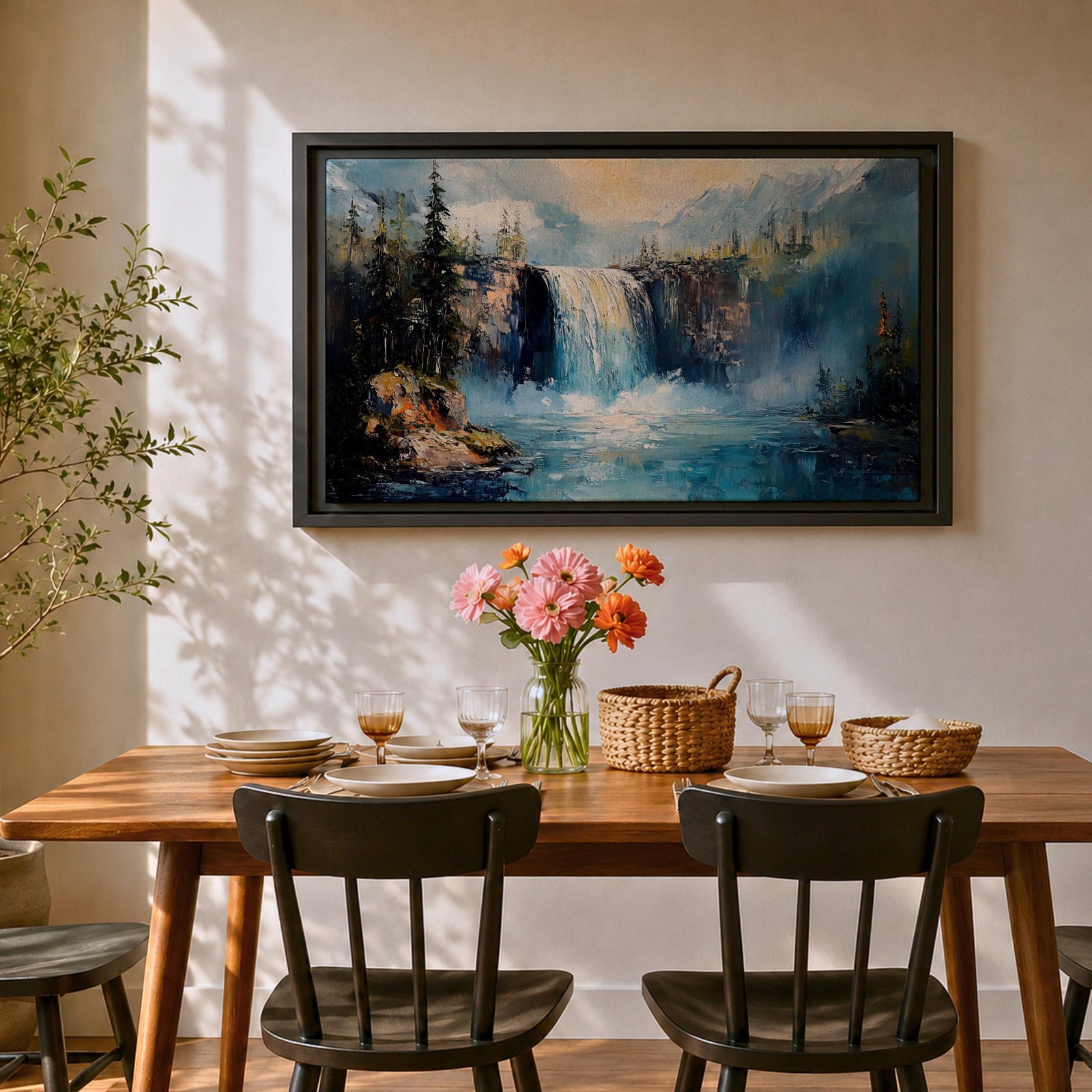 Waterfall Wall Art Cascade Framed Canvas Forest Landscape Impasto Rustic Lodge Home Decor