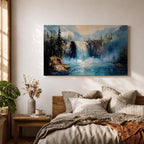 Waterfall Wall Art Cascade Framed Canvas Forest Landscape Impasto Rustic Lodge Home Decor
