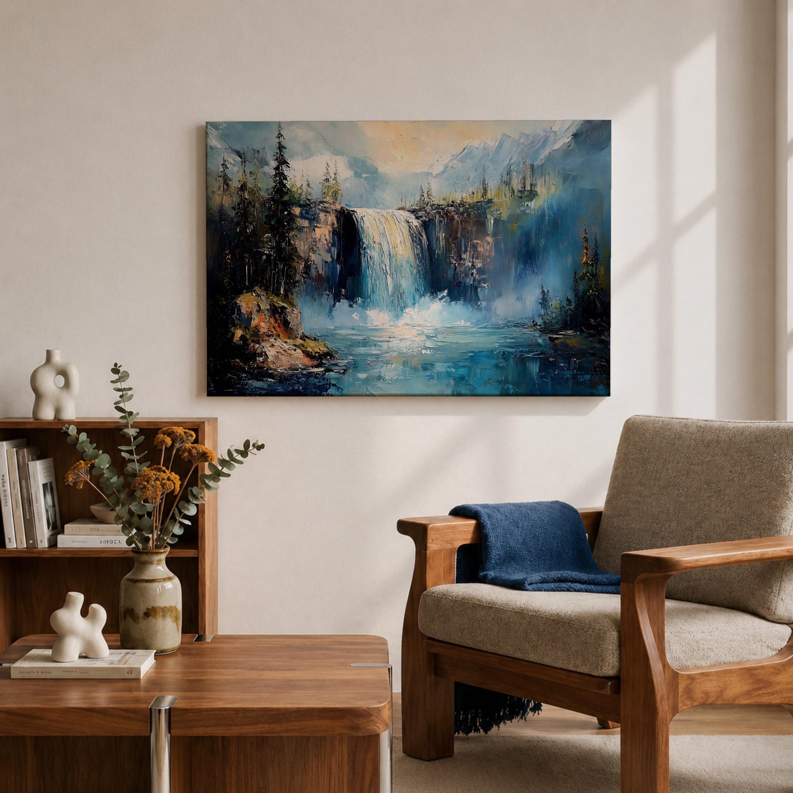 Waterfall Wall Art Cascade Framed Canvas Forest Landscape Impasto Rustic Lodge Home Decor