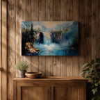 Waterfall Wall Art Cascade Framed Canvas Forest Landscape Impasto Rustic Lodge Home Decor
