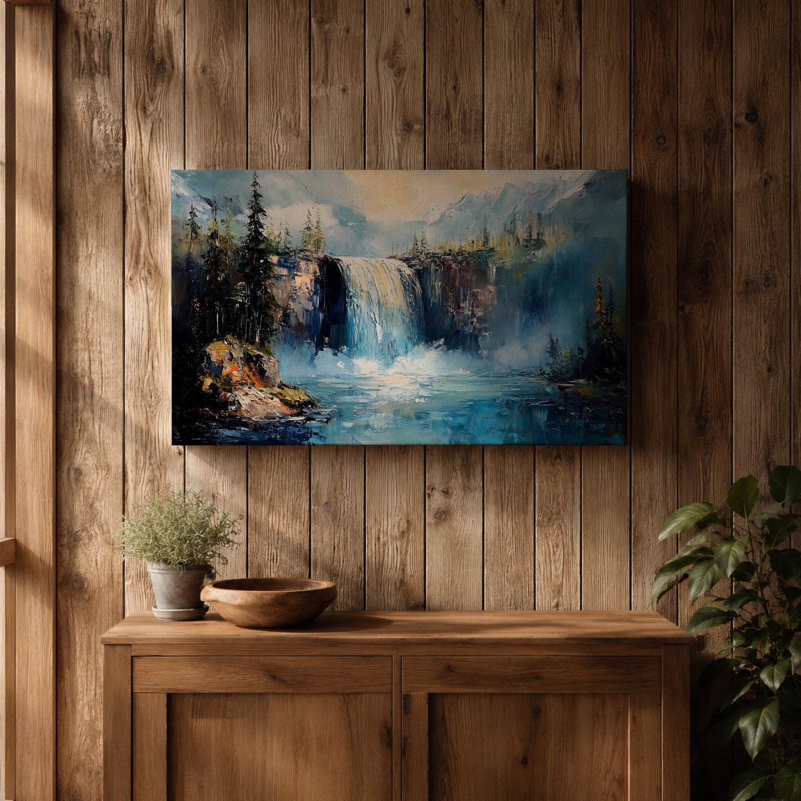 Waterfall Wall Art Cascade Framed Canvas Forest Landscape Impasto Rustic Lodge Home Decor