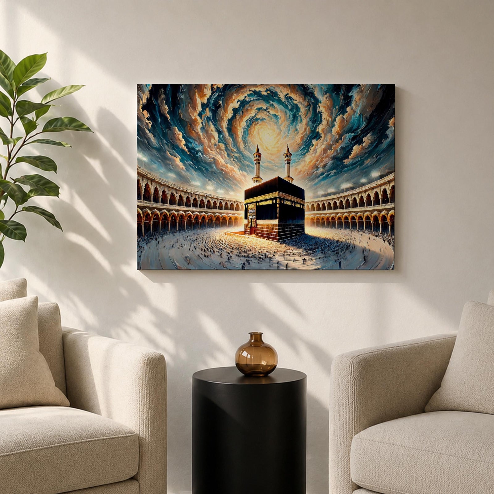 Kaaba Wall Art Spiral Sky Framed Canvas Baitullah Impasto Mecca Muslim Islamic Home Decor