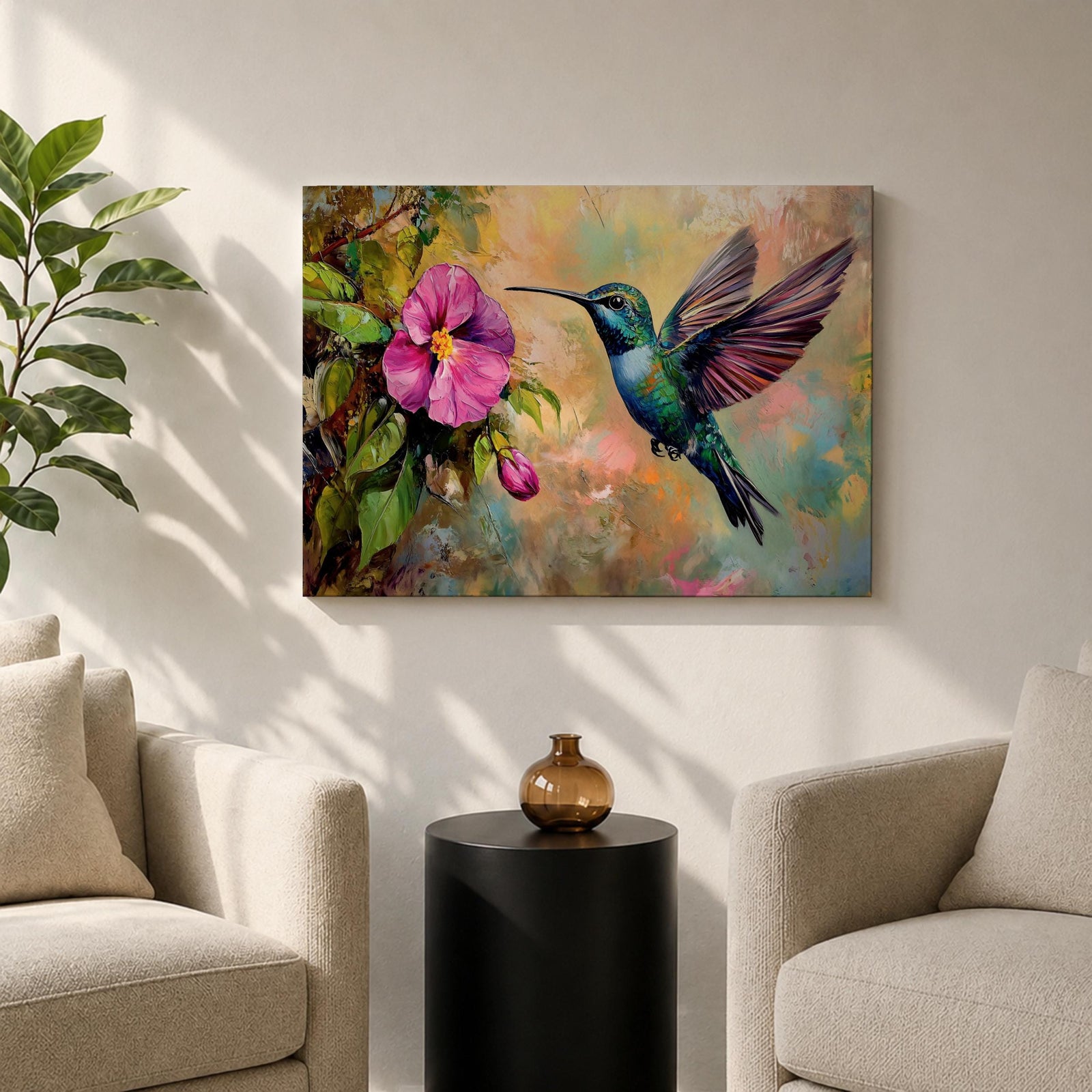 Hummingbird Wall Art Colibri Framed Canvas Botanical Wildlife Tropical Impasto Home Decor