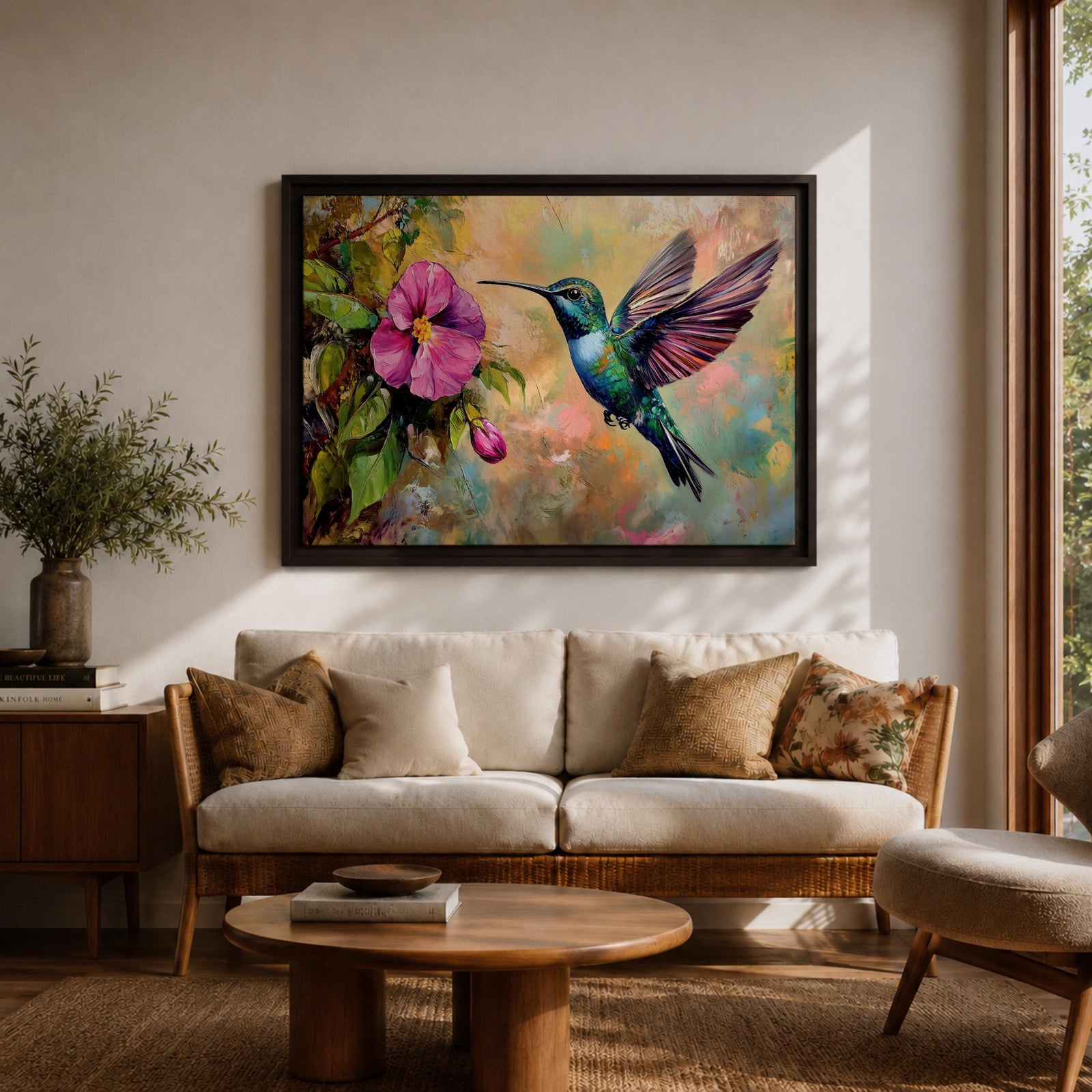 Hummingbird Wall Art Colibri Framed Canvas Botanical Wildlife Tropical Impasto Home Decor