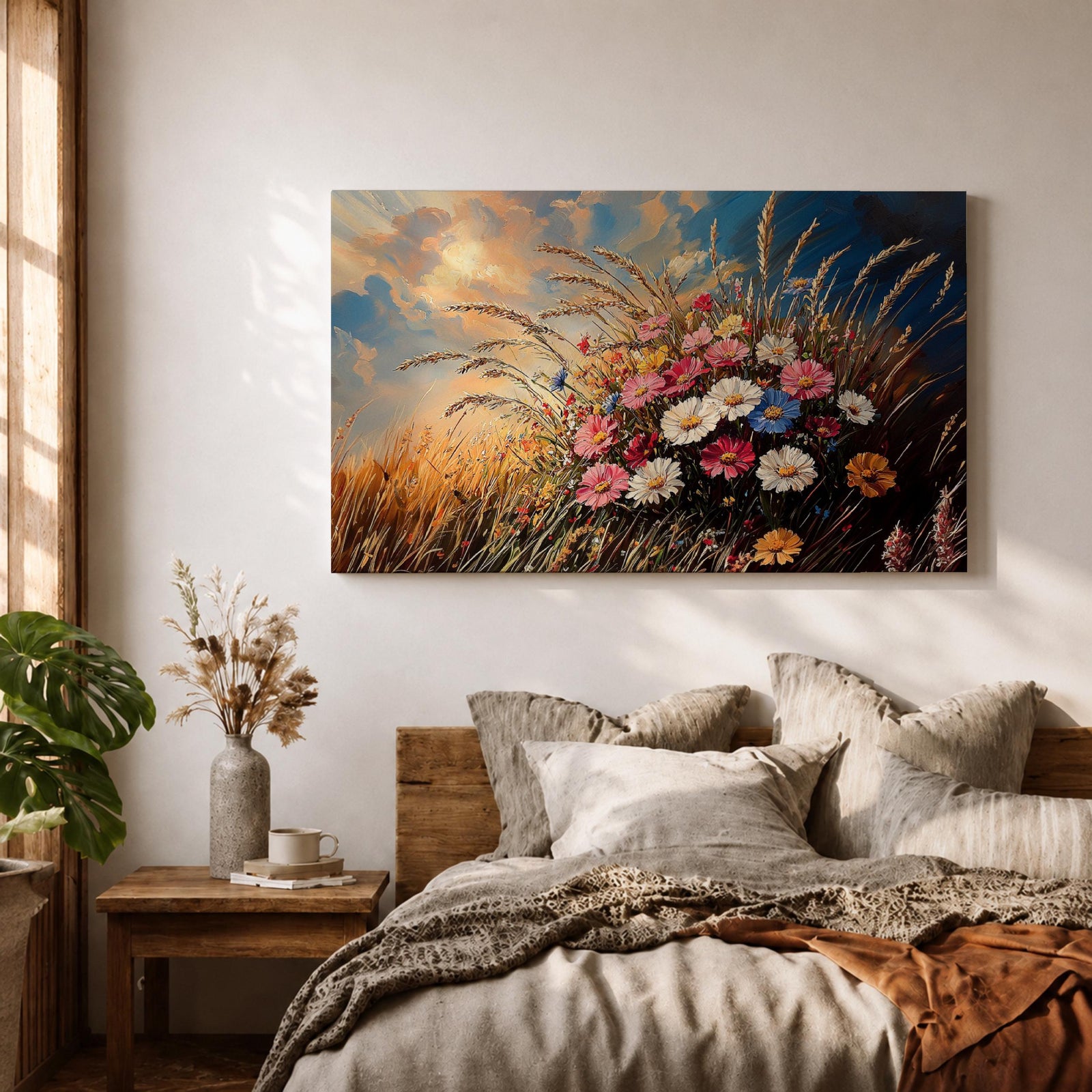 Wildflower Wall Art Meadow Flowers Framed Canvas Botanical Rustic Impasto Floral Living Room Decor
