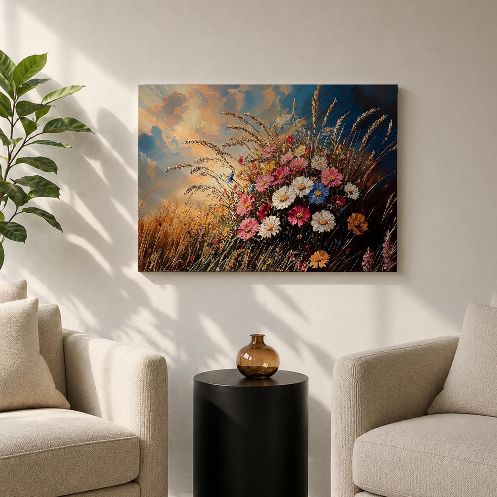 Wildflower Wall Art Meadow Flowers Framed Canvas Botanical Rustic Impasto Floral Living Room Decor