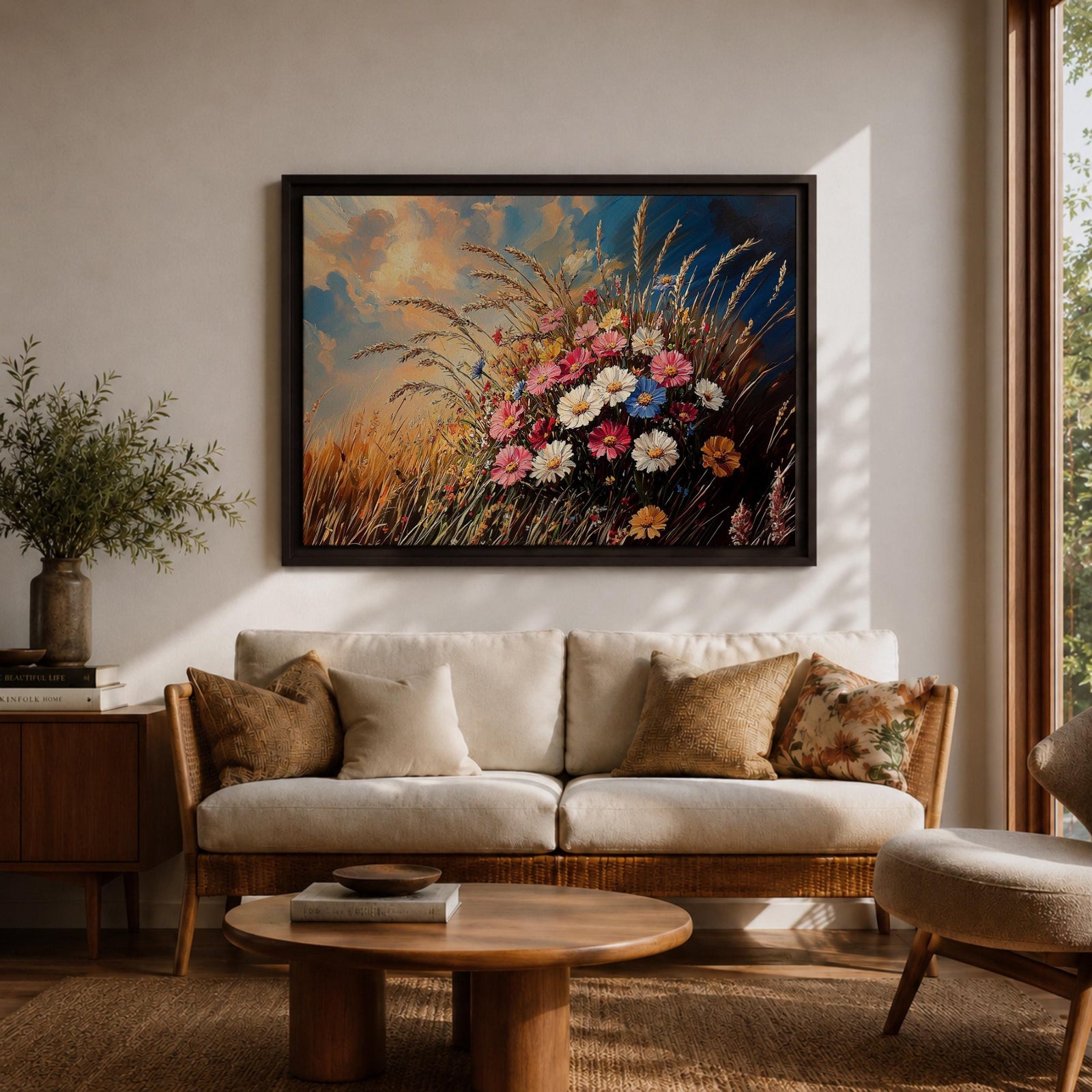 Wildflower Wall Art Meadow Flowers Framed Canvas Botanical Rustic Impasto Floral Living Room Decor