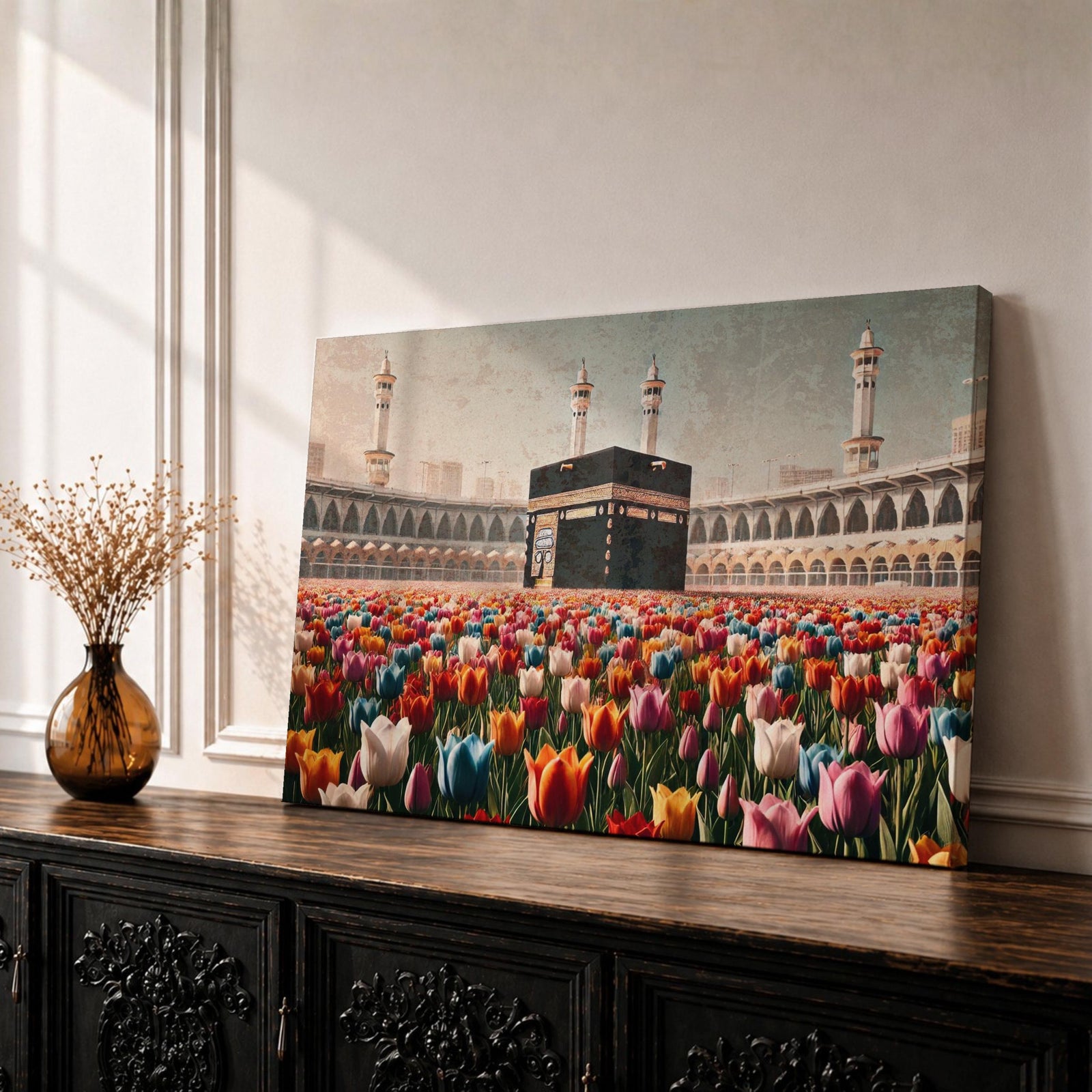 Kaaba Wall Art Tulip Field Framed Canvas Baitullah Surreal Islamic Mecca Muslim Home Decor