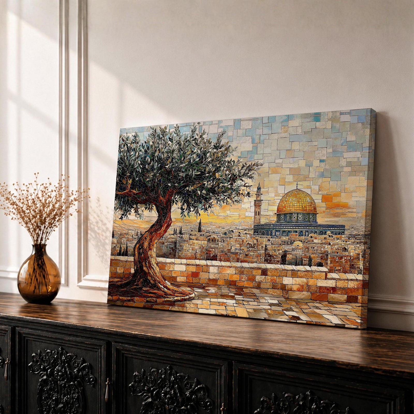 Masjid Al Aqsa Wall Art Olive Tree Framed Canvas Haram Sharif Mosaic Islamic Decor