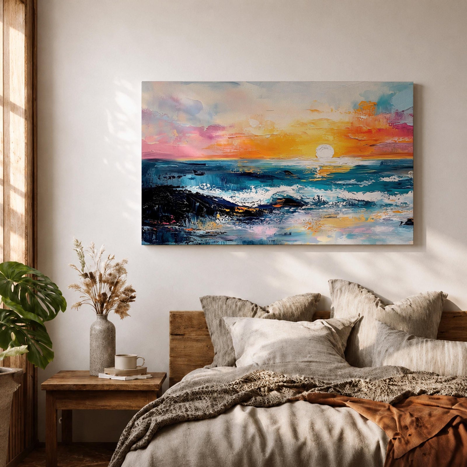 Ocean Sunset Wall Art Beach Seascape Framed Canvas Coastal Landscape Rustic Home Decor