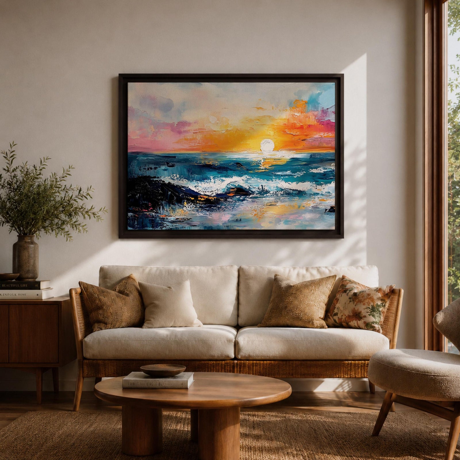 Ocean Sunset Wall Art Beach Seascape Framed Canvas Coastal Landscape Rustic Home Decor