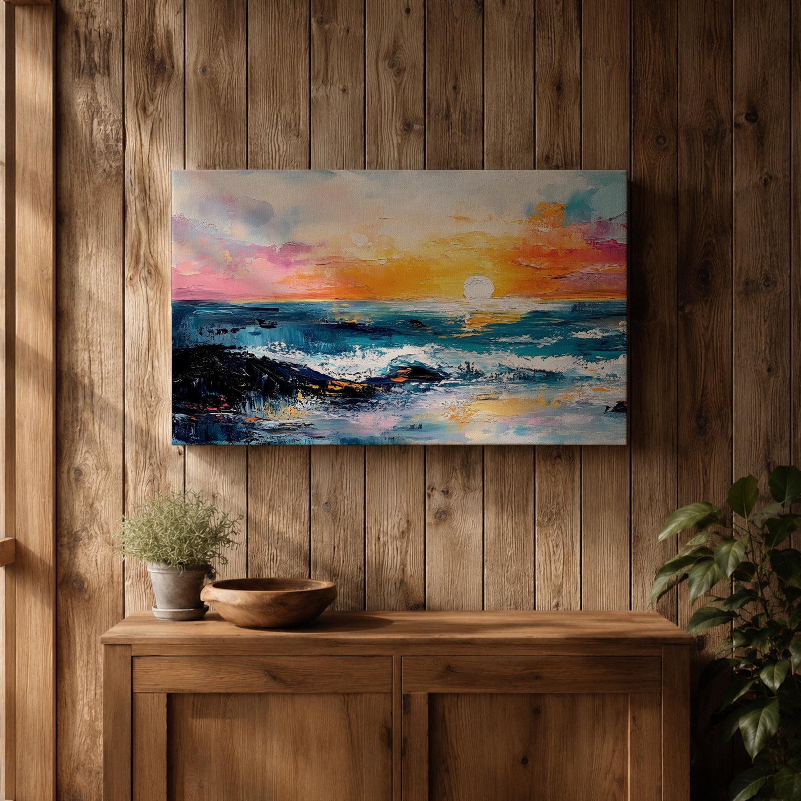 Ocean Sunset Wall Art Beach Seascape Framed Canvas Coastal Landscape Rustic Home Decor