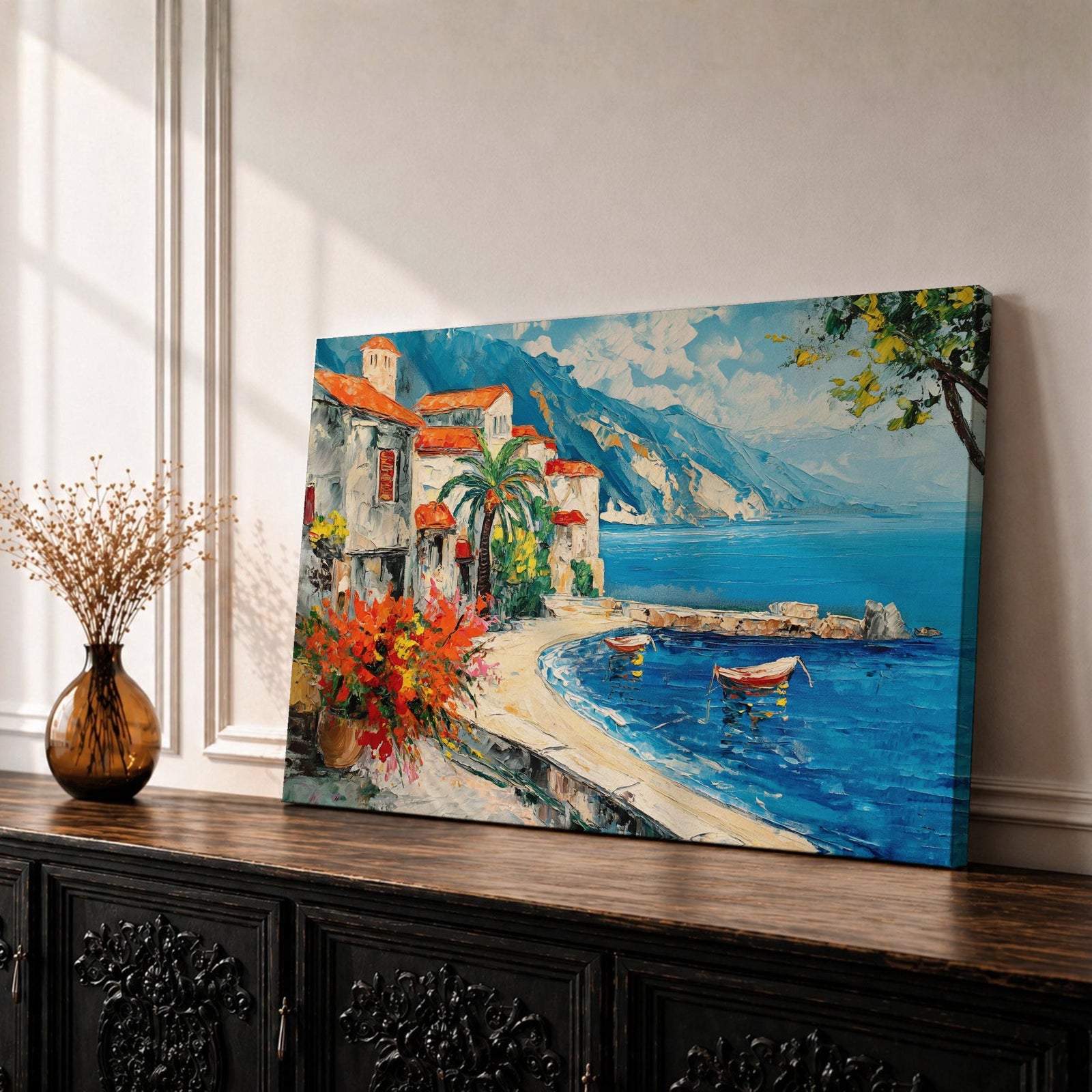 Amalfi Coast Wall Art Positano Italy Framed Canvas Mediterranean Seaside Living Room Decor