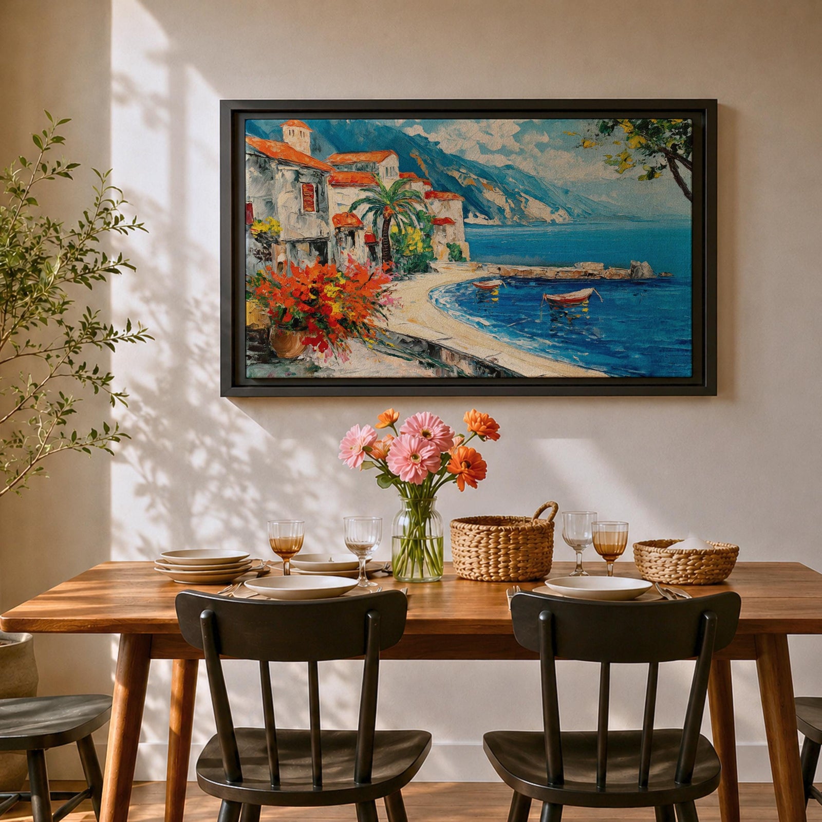 Amalfi Coast Wall Art Positano Italy Framed Canvas Mediterranean Seaside Living Room Decor