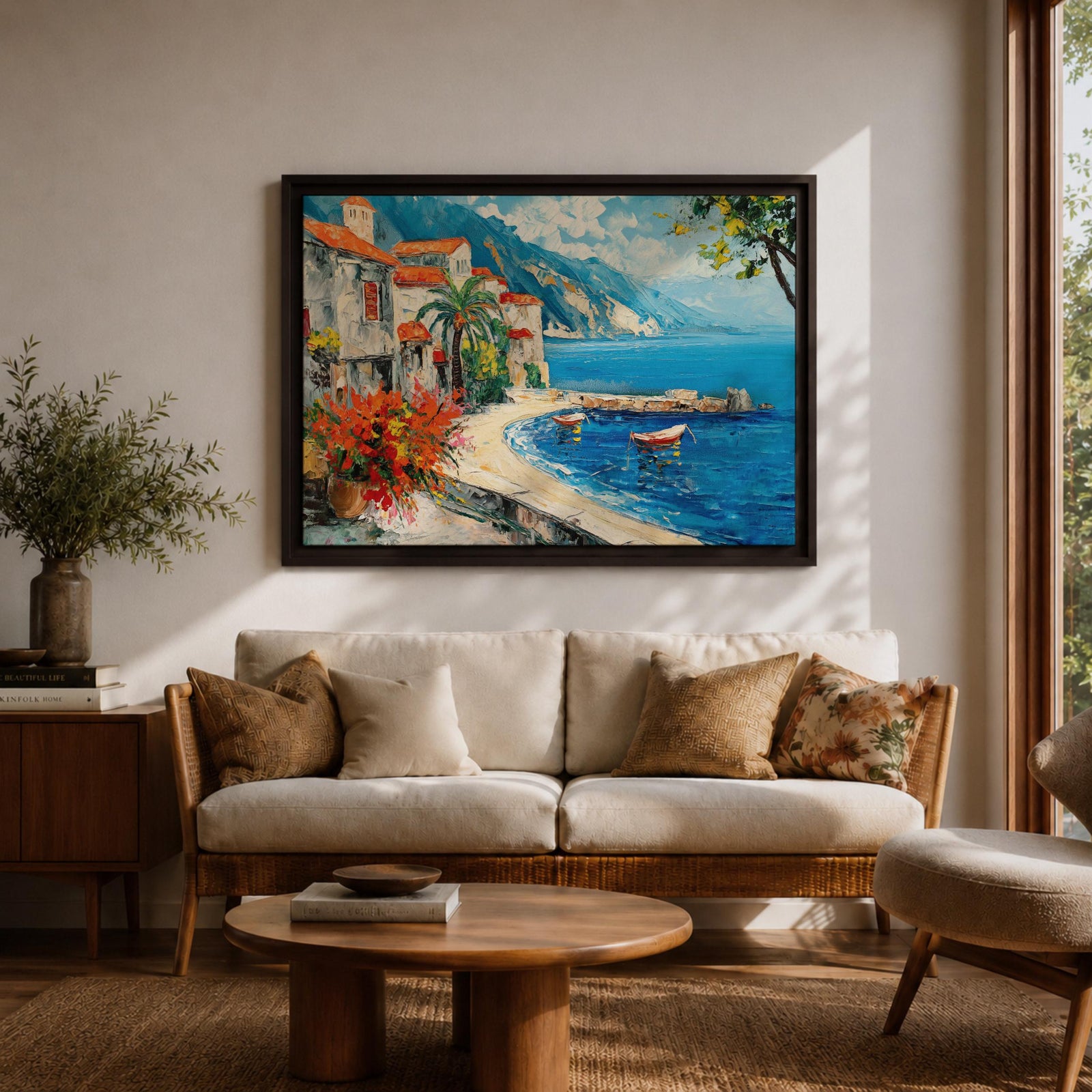 Amalfi Coast Wall Art Positano Italy Framed Canvas Mediterranean Seaside Living Room Decor