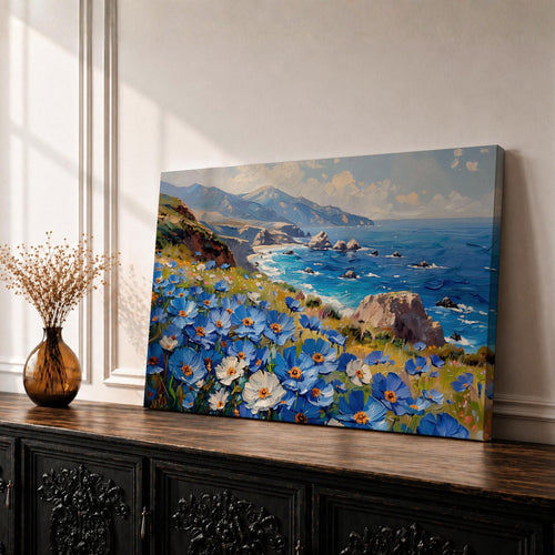 Coastal Wildflower Wall Art Big Sur Framed Canvas Ocean View Impasto Living Room Decor