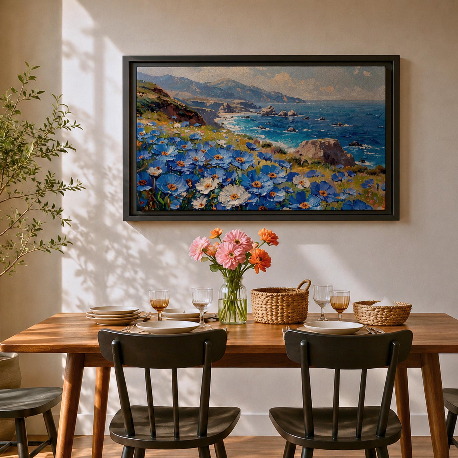 Coastal Wildflower Wall Art Big Sur Framed Canvas Ocean View Impasto Living Room Decor