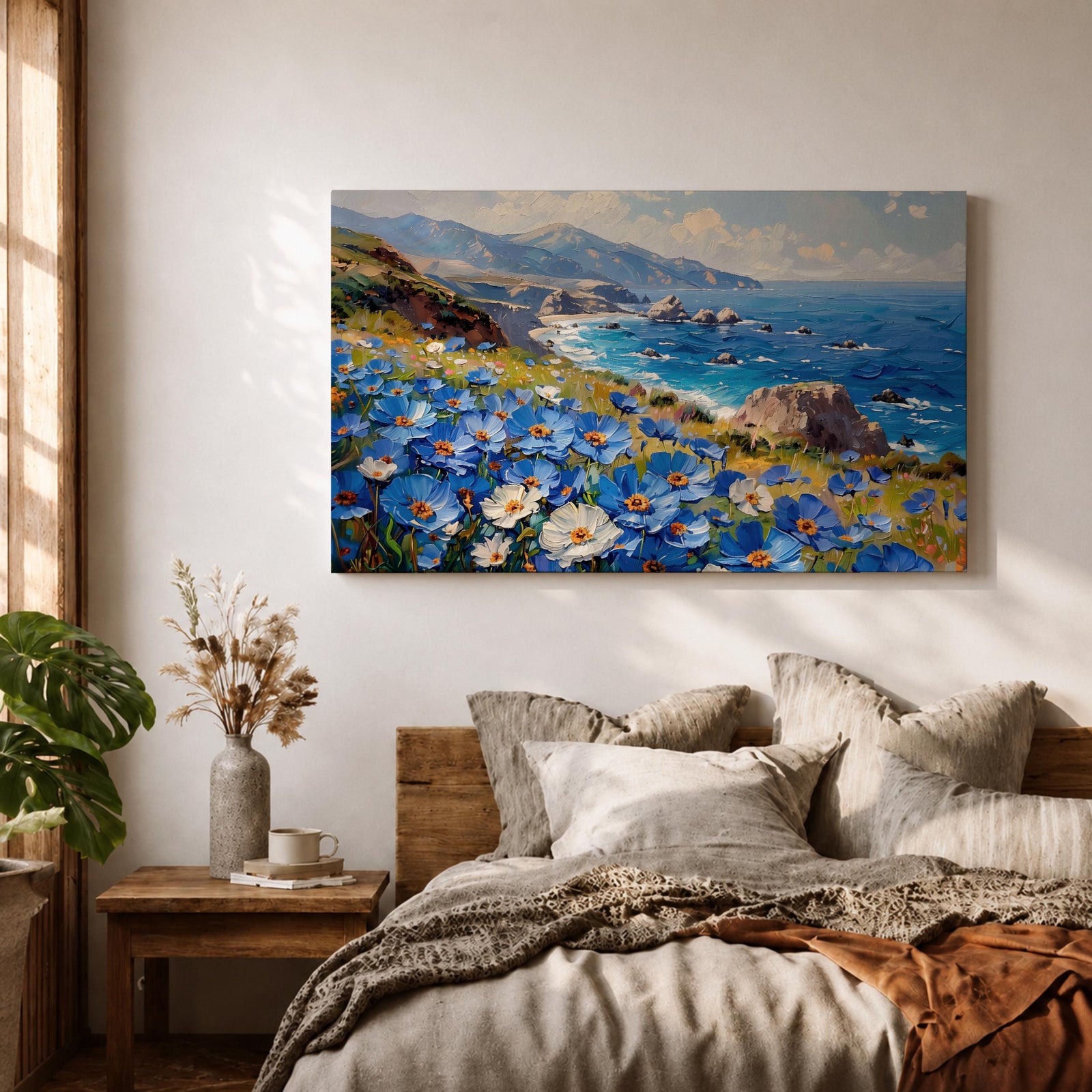 Coastal Wildflower Wall Art Big Sur Framed Canvas Ocean View Impasto Living Room Decor