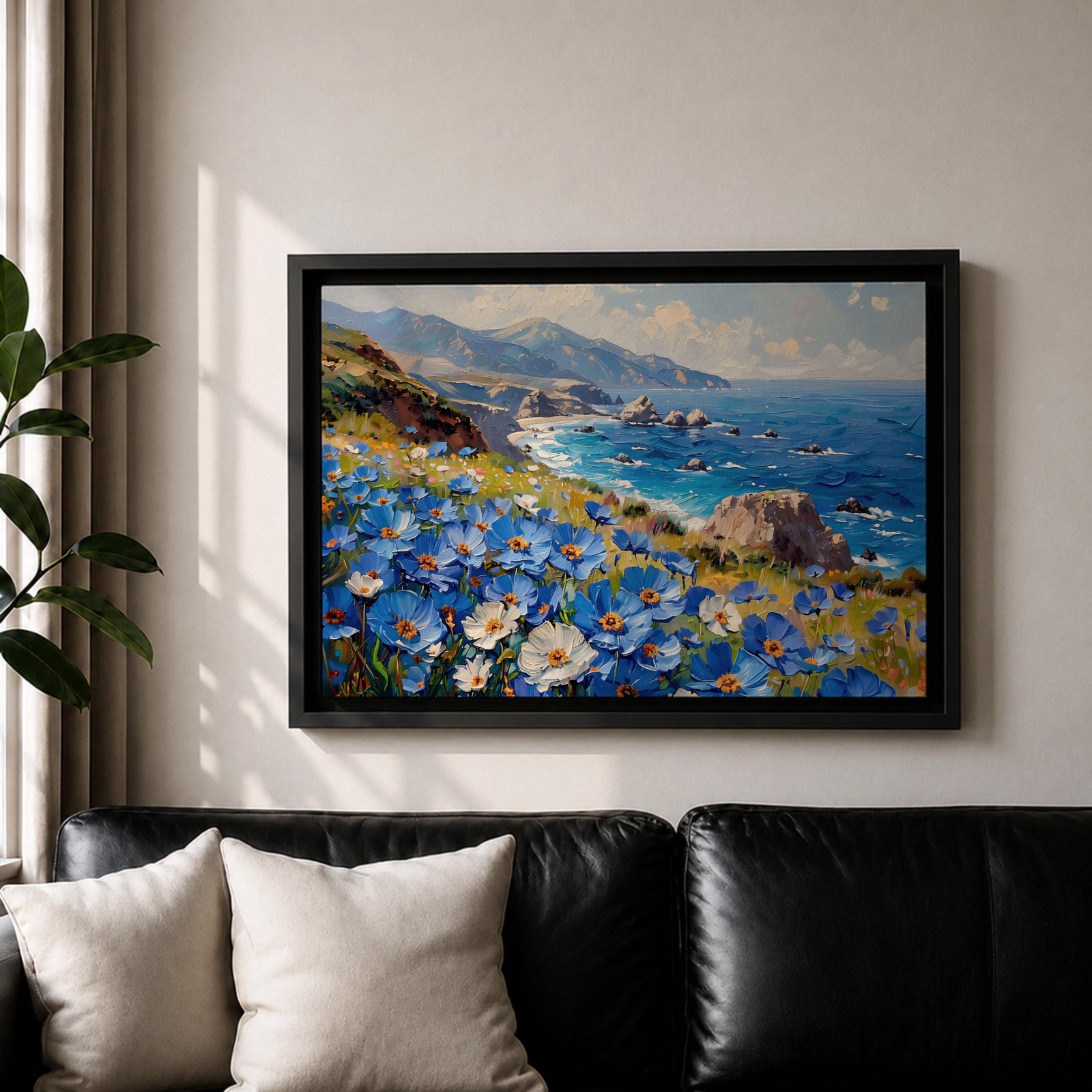 Coastal Wildflower Wall Art Big Sur Framed Canvas Ocean View Impasto Living Room Decor