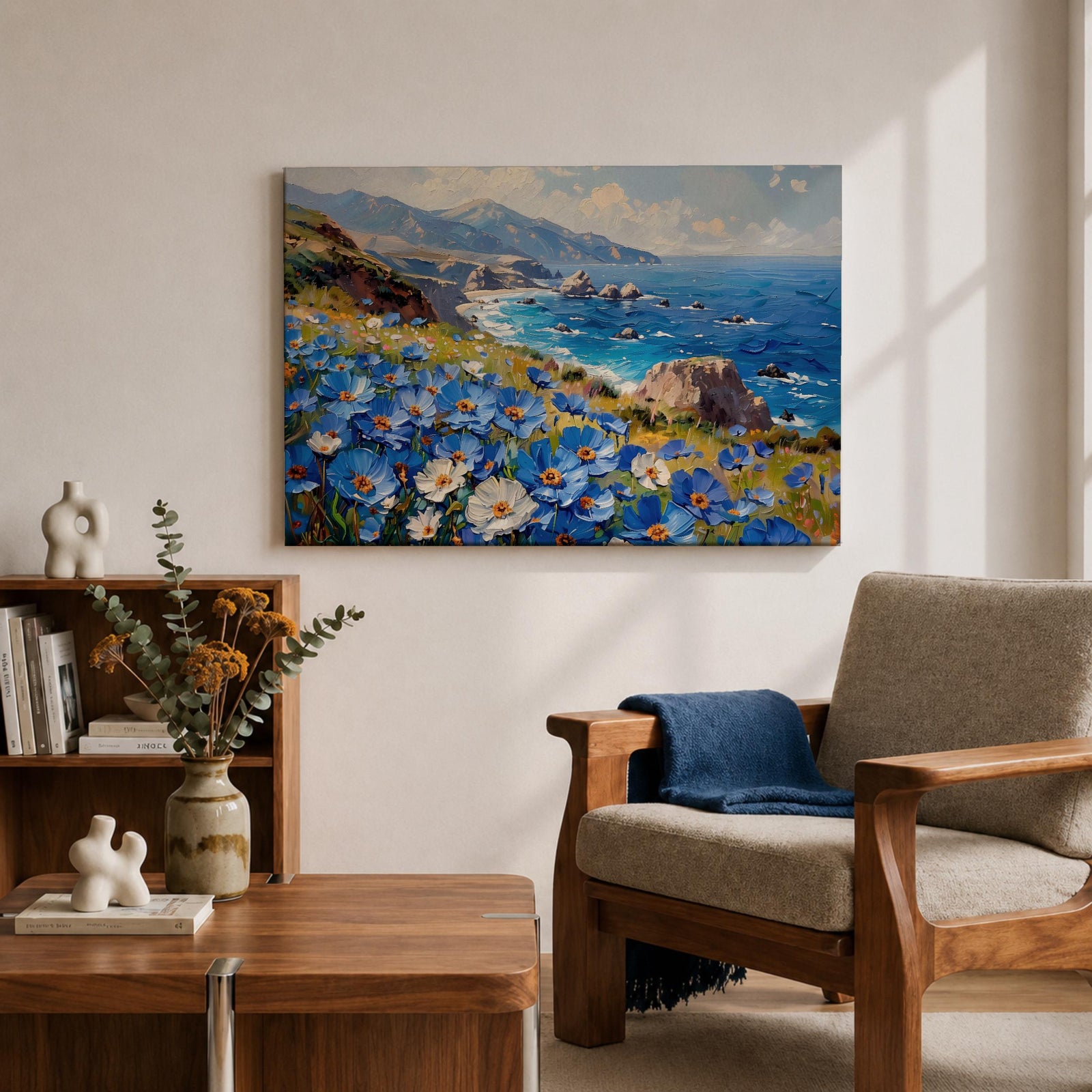 Coastal Wildflower Wall Art Big Sur Framed Canvas Ocean View Impasto Living Room Decor