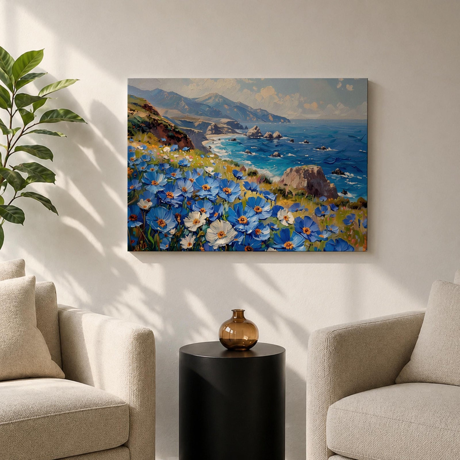 Coastal Wildflower Wall Art Big Sur Framed Canvas Ocean View Impasto Living Room Decor