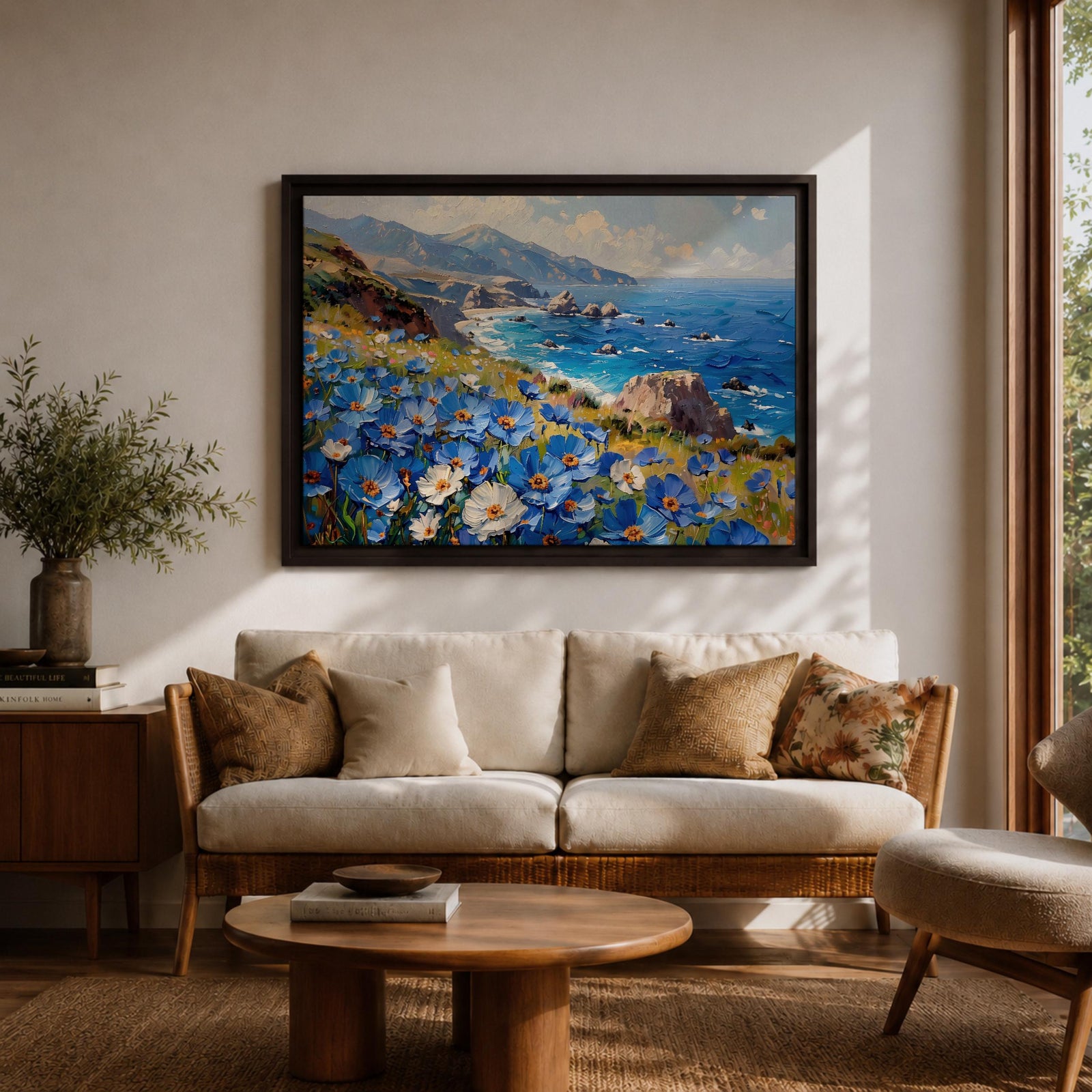 Coastal Wildflower Wall Art Big Sur Framed Canvas Ocean View Impasto Living Room Decor