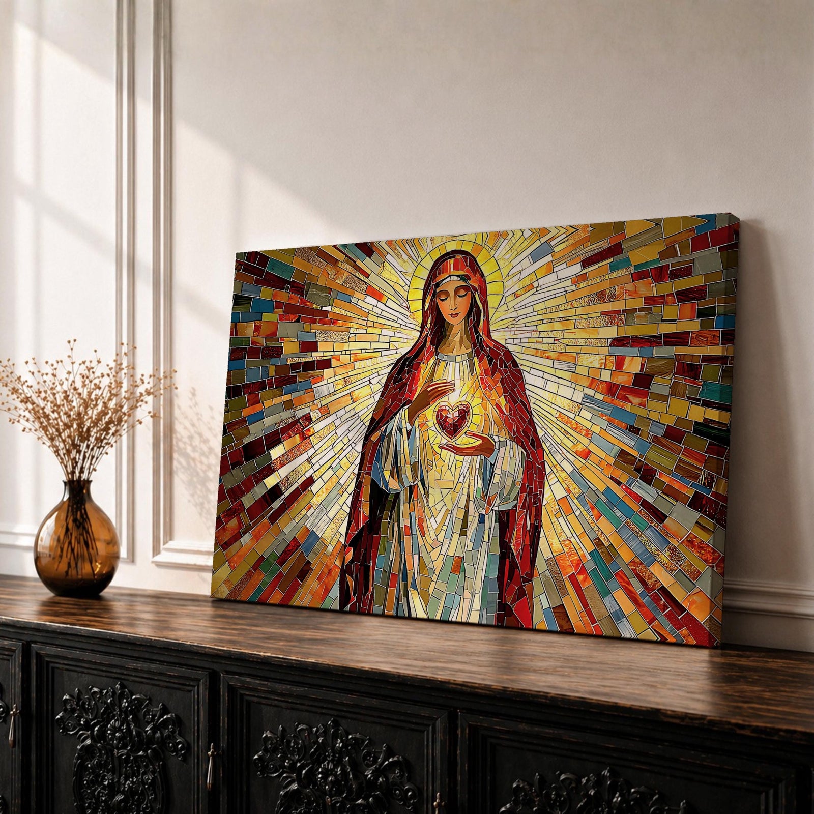 Immaculate Heart of Mary Wall Art Blessed Mother Framed Canvas Stained Glass Catholic Decor