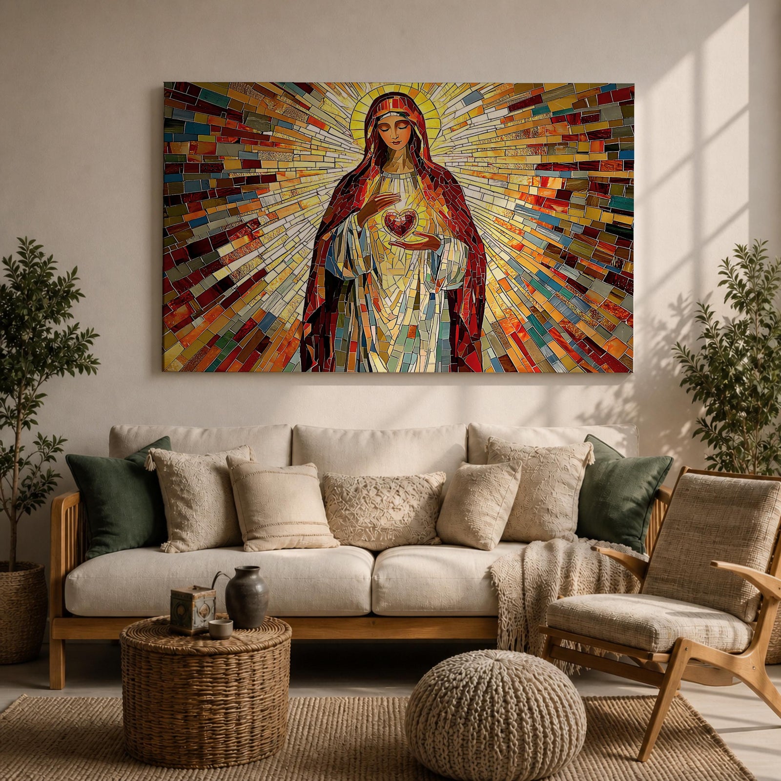 Immaculate Heart of Mary Wall Art Blessed Mother Framed Canvas Stained Glass Catholic Decor