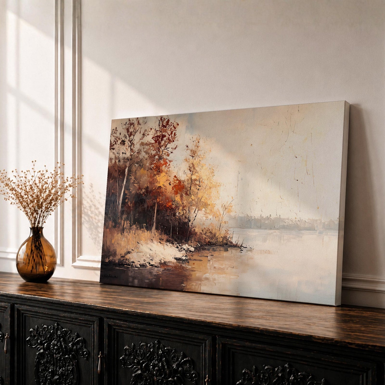 Autumn Landscape Wall Art Lakeside Framed Canvas Fall Nature Rustic Lodge Home Decor