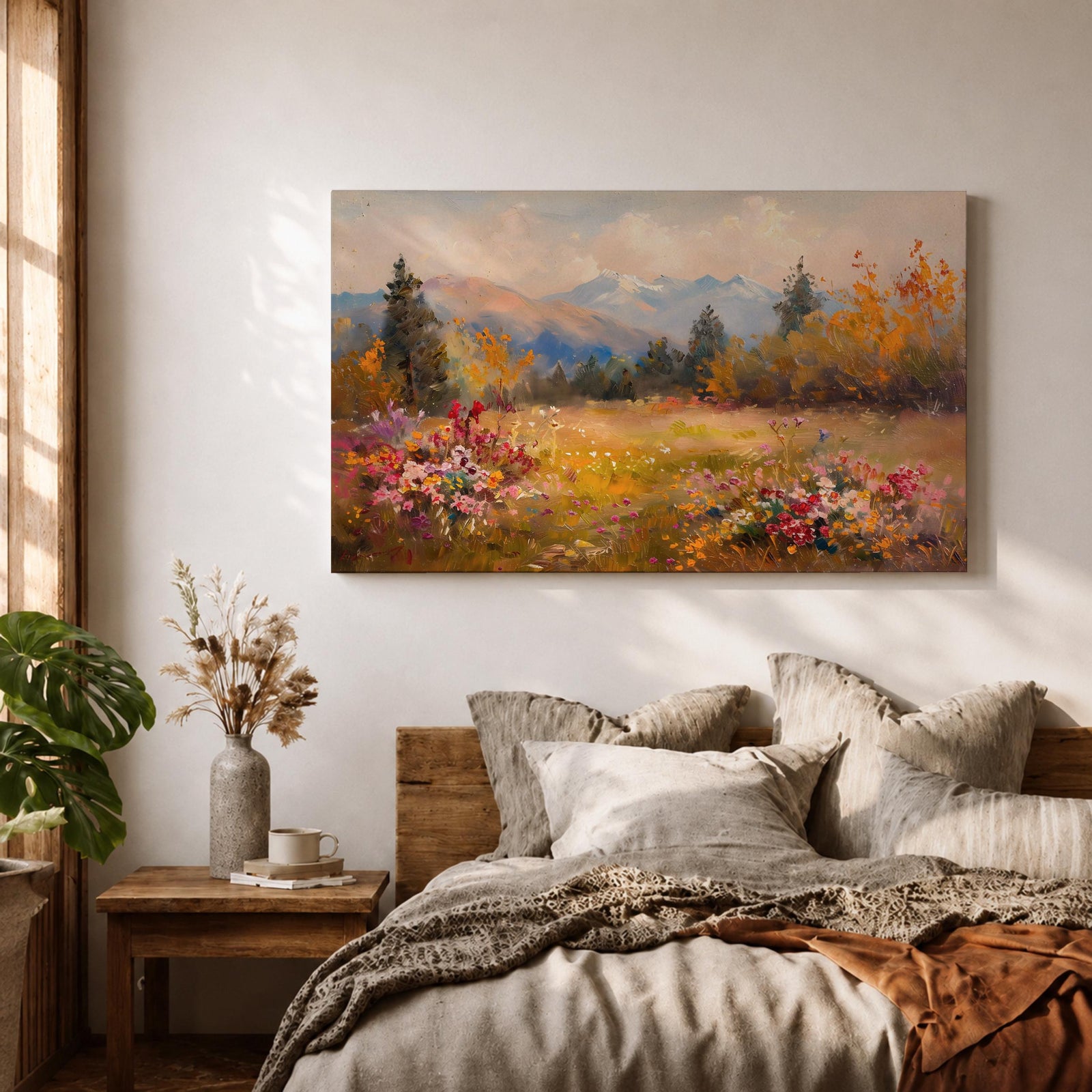 Mountain Meadow Wall Art Wildflower Field Framed Canvas Alpine Landscape Rustic Cabin Home Decor