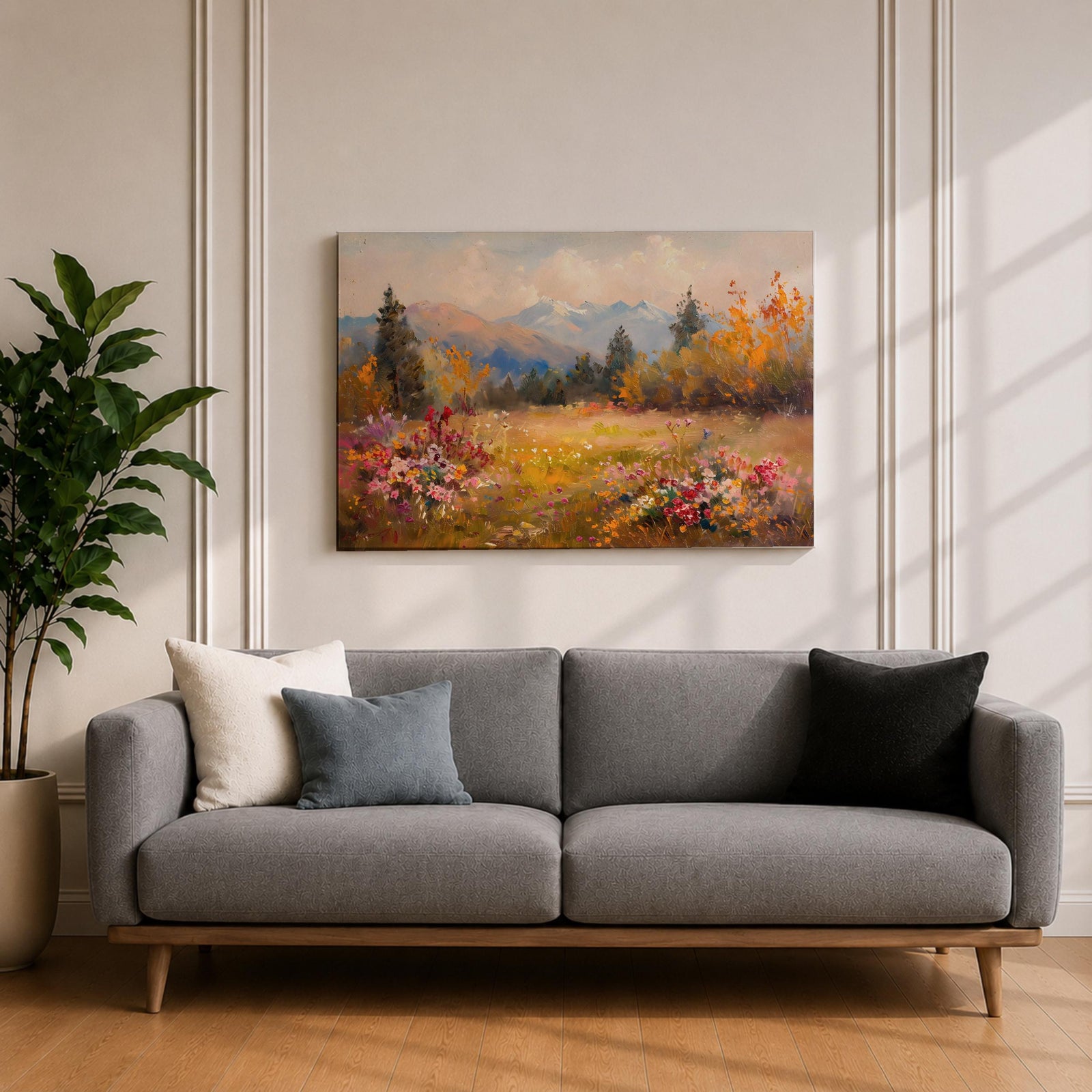 Mountain Meadow Wall Art Wildflower Field Framed Canvas Alpine Landscape Rustic Cabin Home Decor