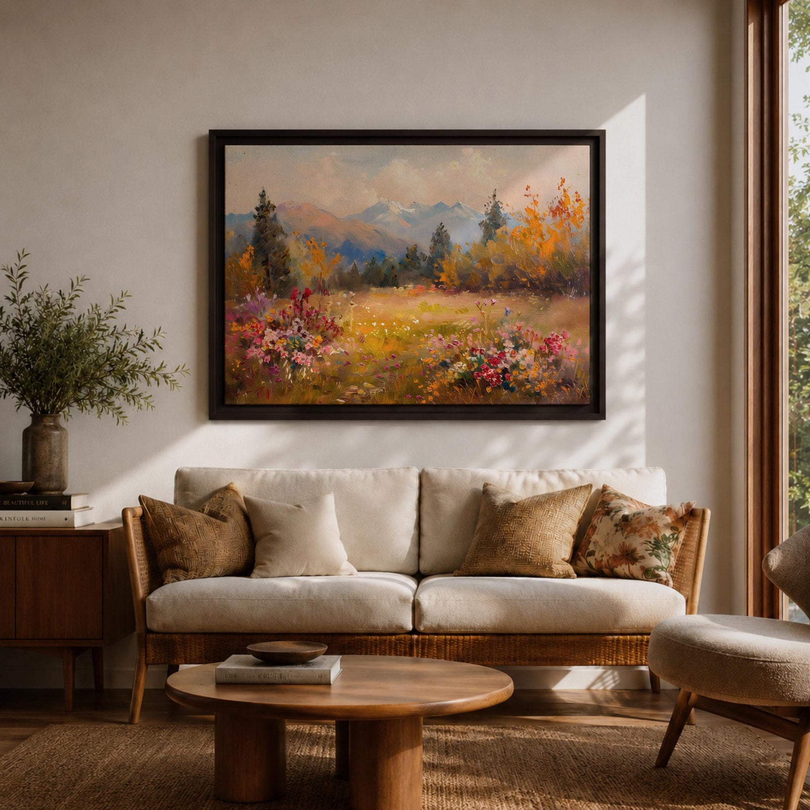 Mountain Meadow Wall Art Wildflower Field Framed Canvas Alpine Landscape Rustic Cabin Home Decor