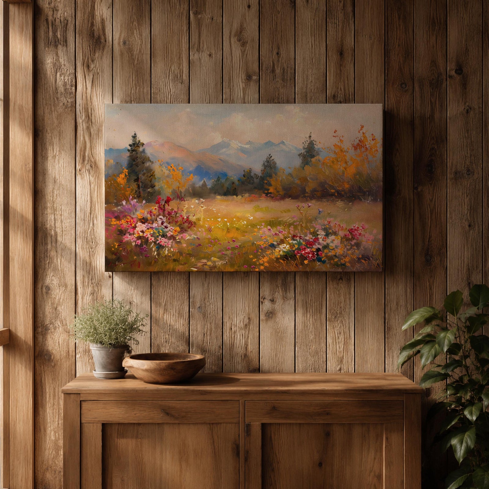 Mountain Meadow Wall Art Wildflower Field Framed Canvas Alpine Landscape Rustic Cabin Home Decor