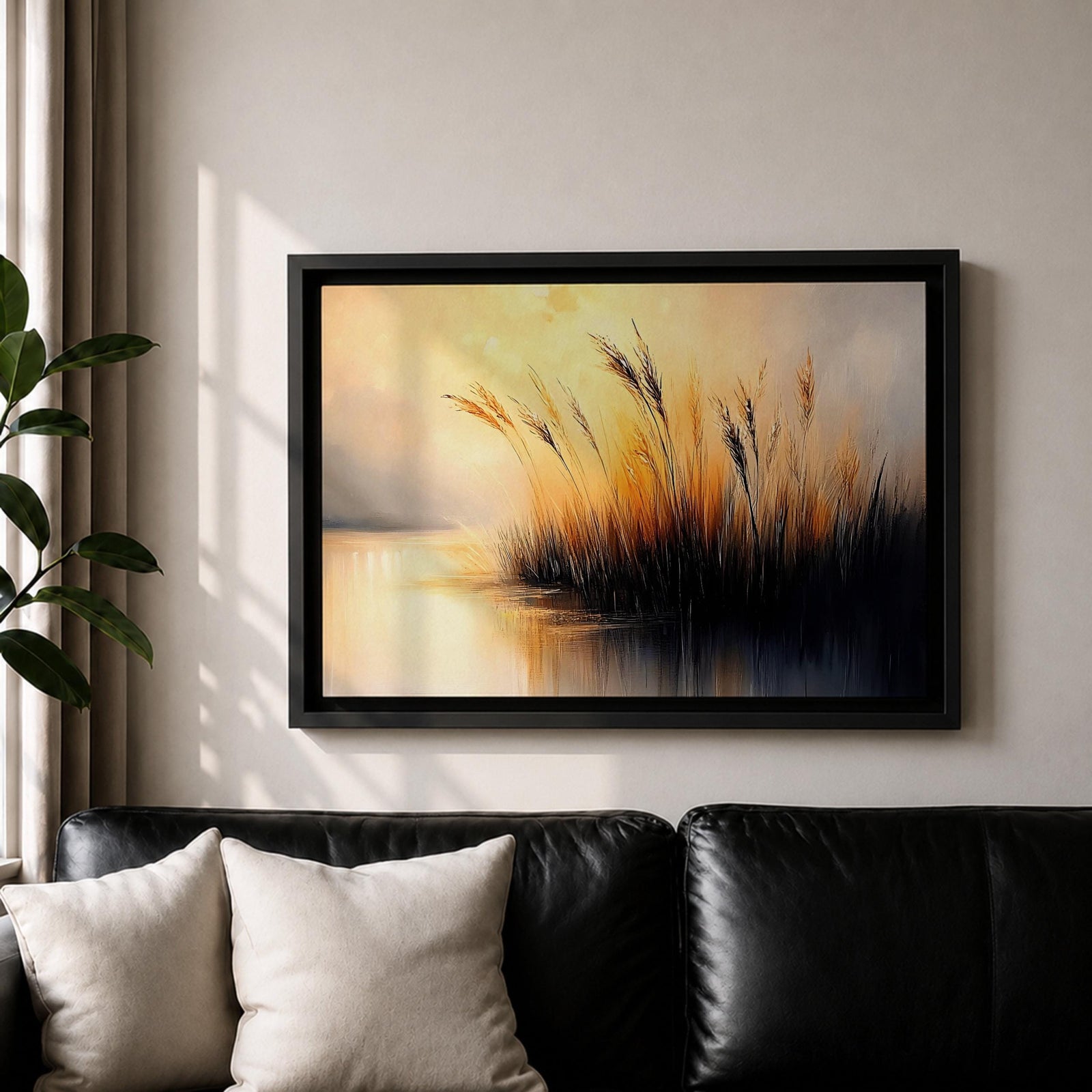 Sunset Landscape Wall Art Marsh Reeds Framed Canvas Lakeside Rustic Lake Home Decor