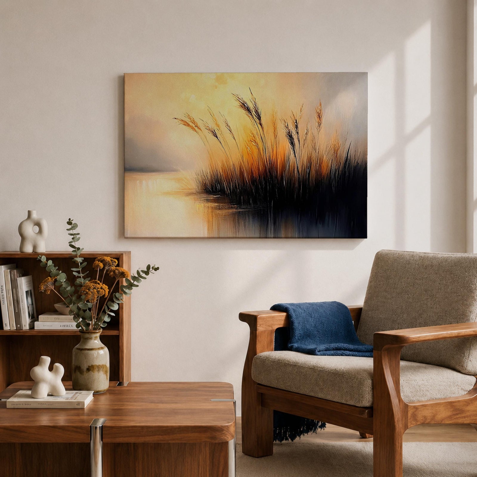 Sunset Landscape Wall Art Marsh Reeds Framed Canvas Lakeside Rustic Lake Home Decor