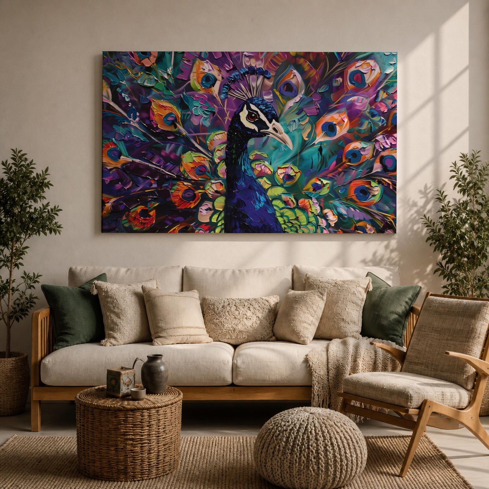 Peacock Wall Art Royal Feathers Framed Canvas Exotic Bird Impasto Boho Home Decor