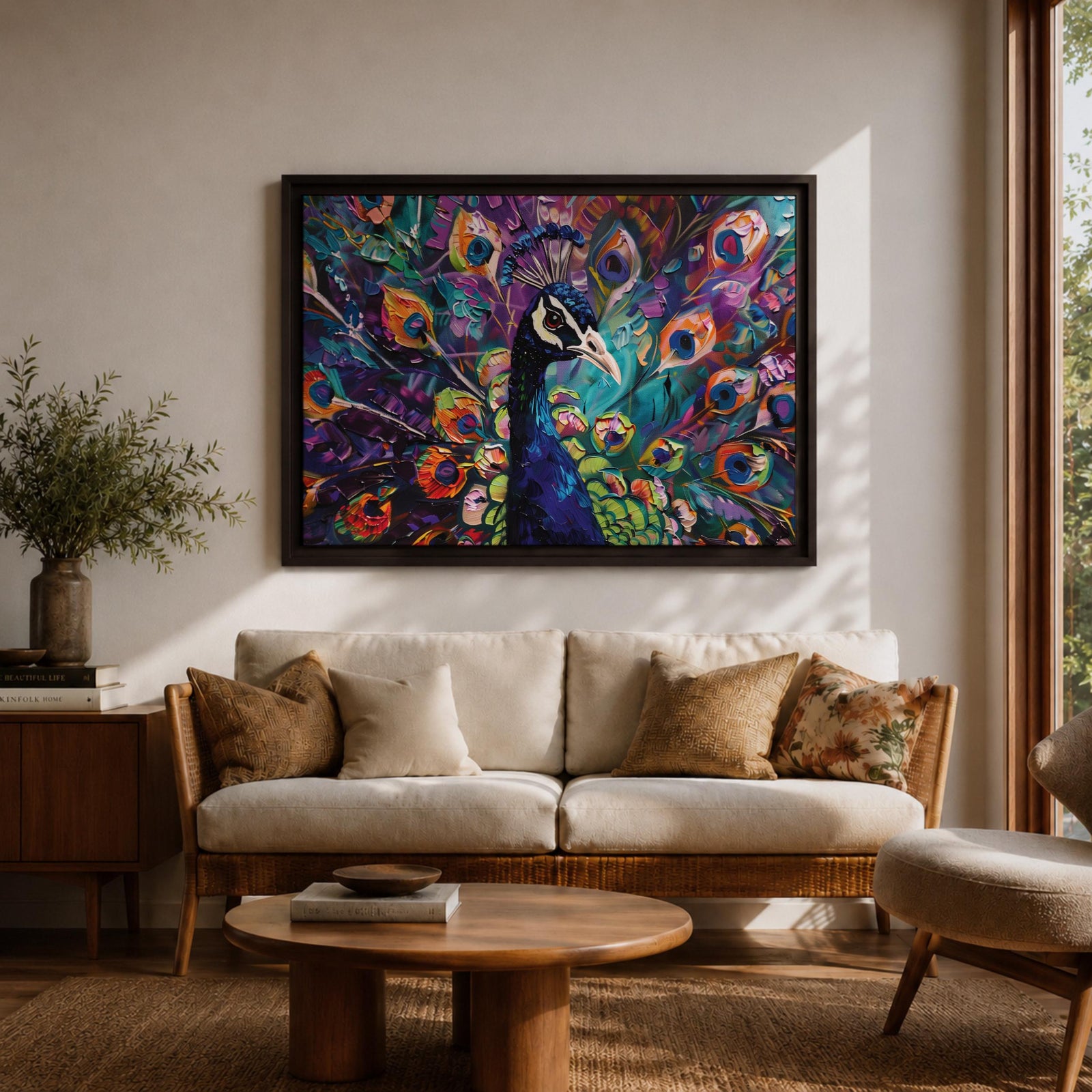 Peacock Wall Art Royal Feathers Framed Canvas Exotic Bird Impasto Boho Home Decor