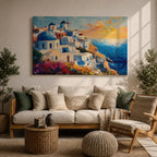 Santorini Sunset Wall Art Greek Island Oia Framed Canvas Coastal Impasto Living Room Decor