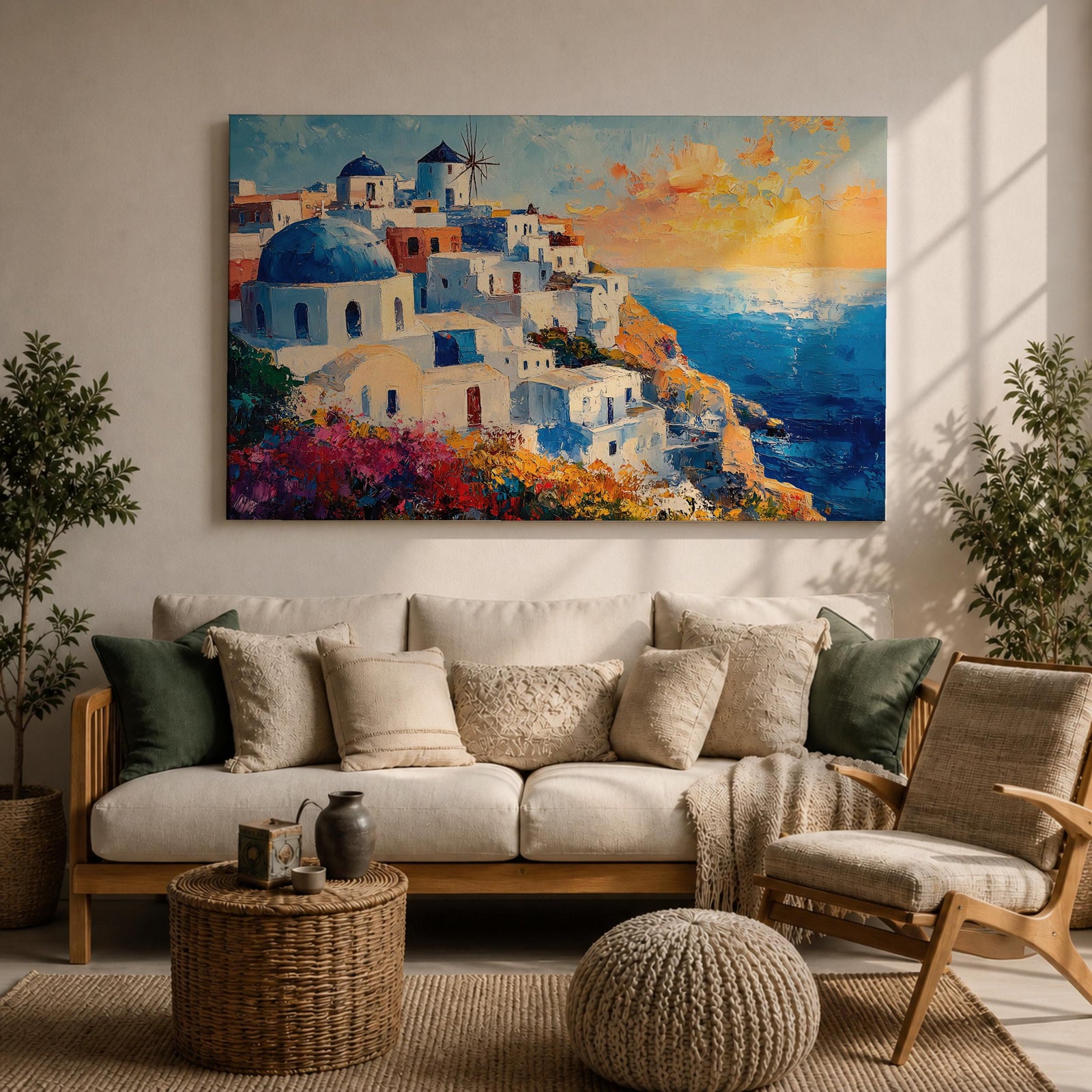 Santorini Sunset Wall Art Greek Island Oia Framed Canvas Coastal Impasto Living Room Decor