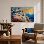 Santorini Sunset Wall Art Greek Island Oia Framed Canvas Coastal Impasto Living Room Decor