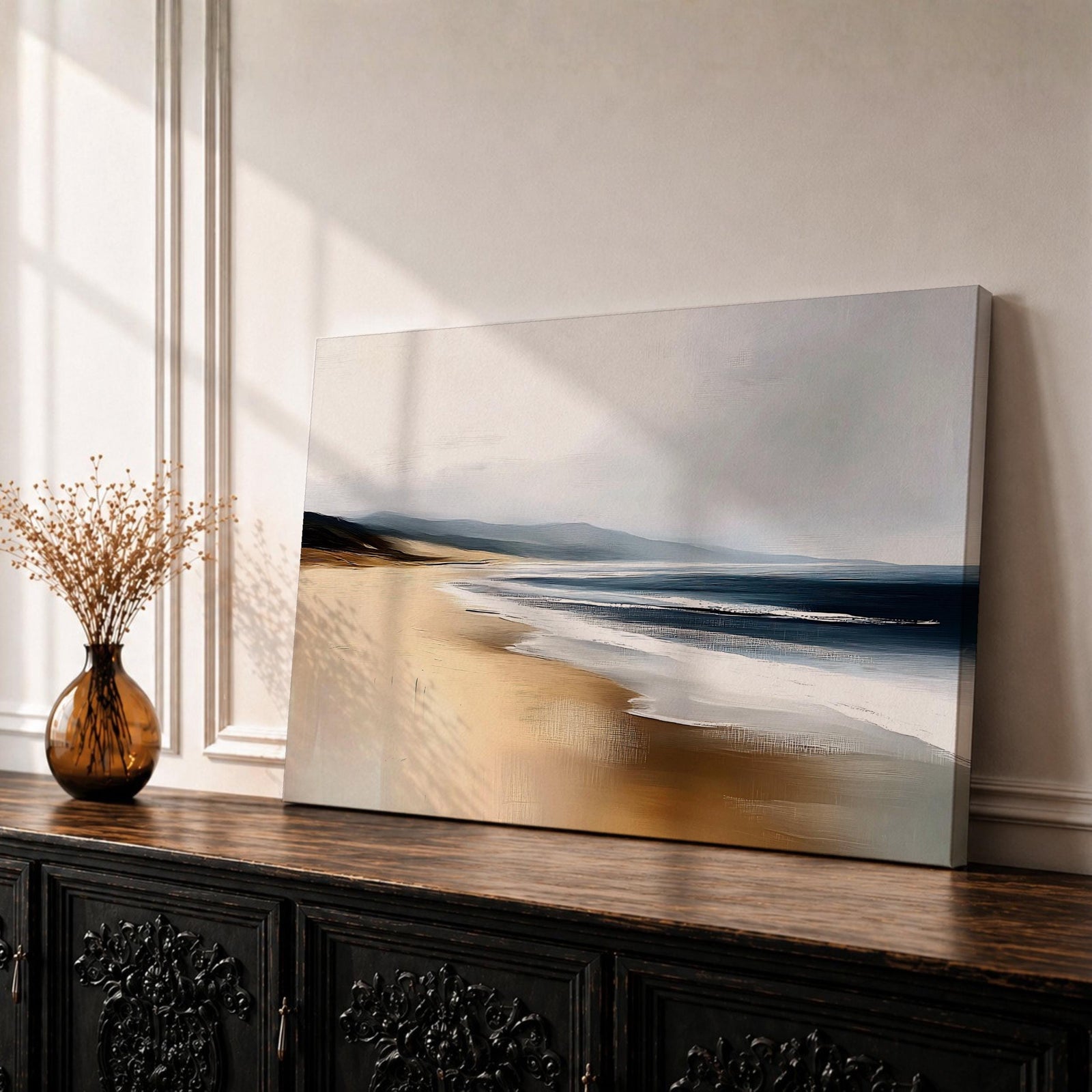 Coastal Seascape Wall Art Ocean Shoreline Framed Canvas Sandy Beach Coastal Home Decor