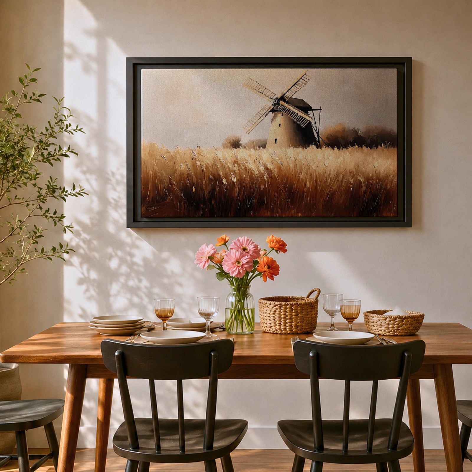 Windmill Wall Art Dutch Windmill Framed Canvas Wheat Field Farmhouse Home Decor
