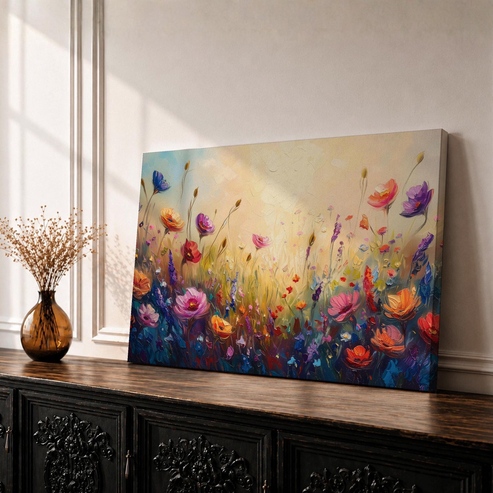 Wildflower Meadow Wall Art Flower Field Framed Canvas Botanical Impasto Floral Living Room Decor