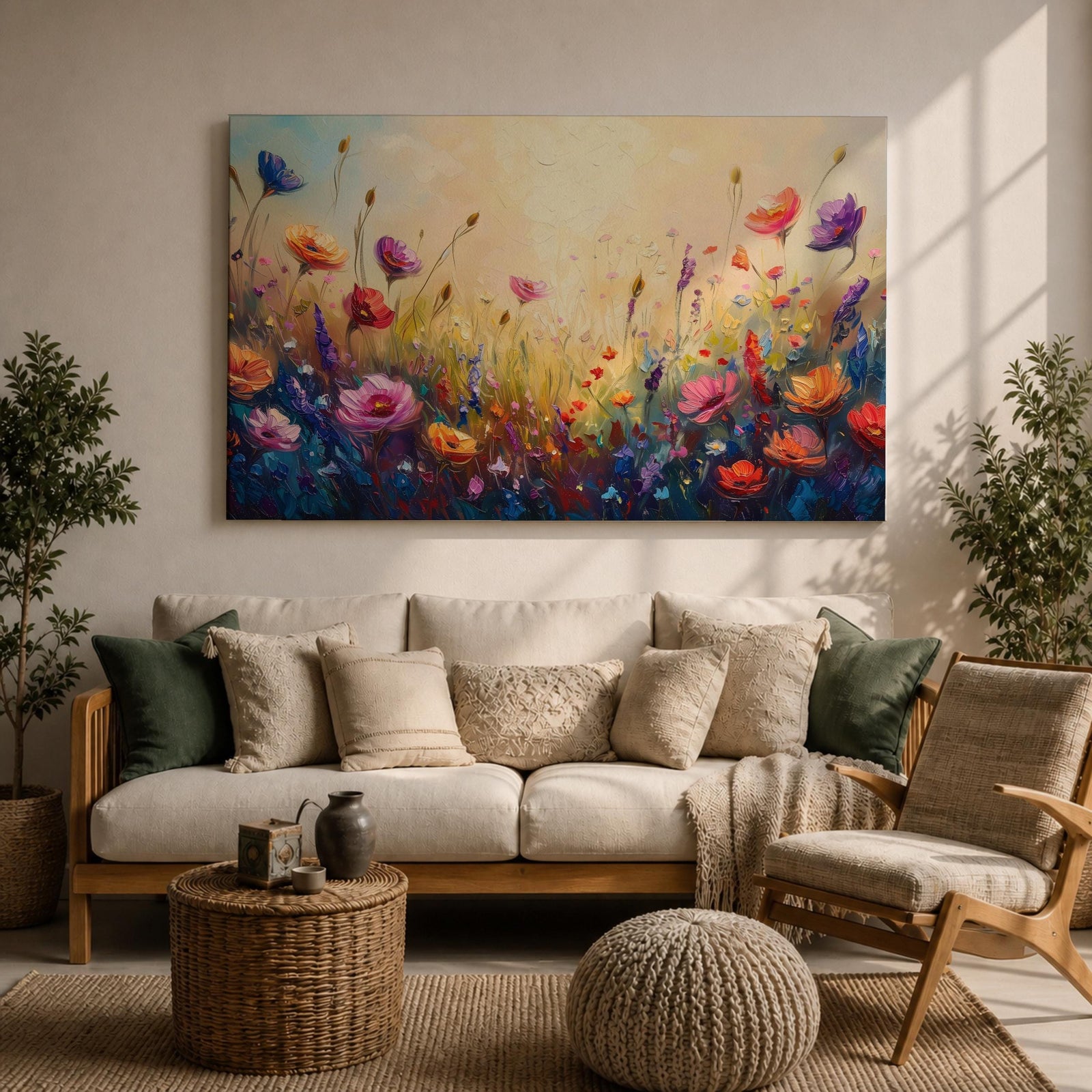 Wildflower Meadow Wall Art Flower Field Framed Canvas Botanical Impasto Floral Living Room Decor
