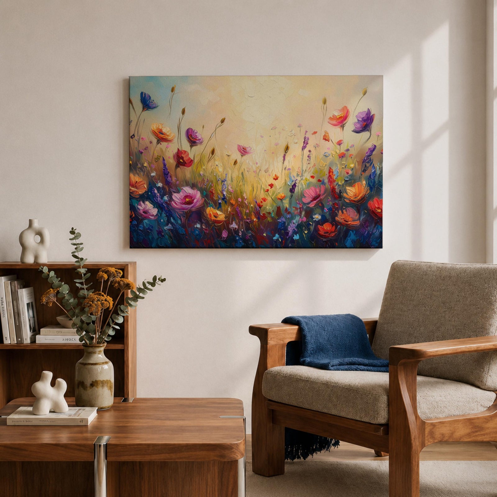 Wildflower Meadow Wall Art Flower Field Framed Canvas Botanical Impasto Floral Living Room Decor