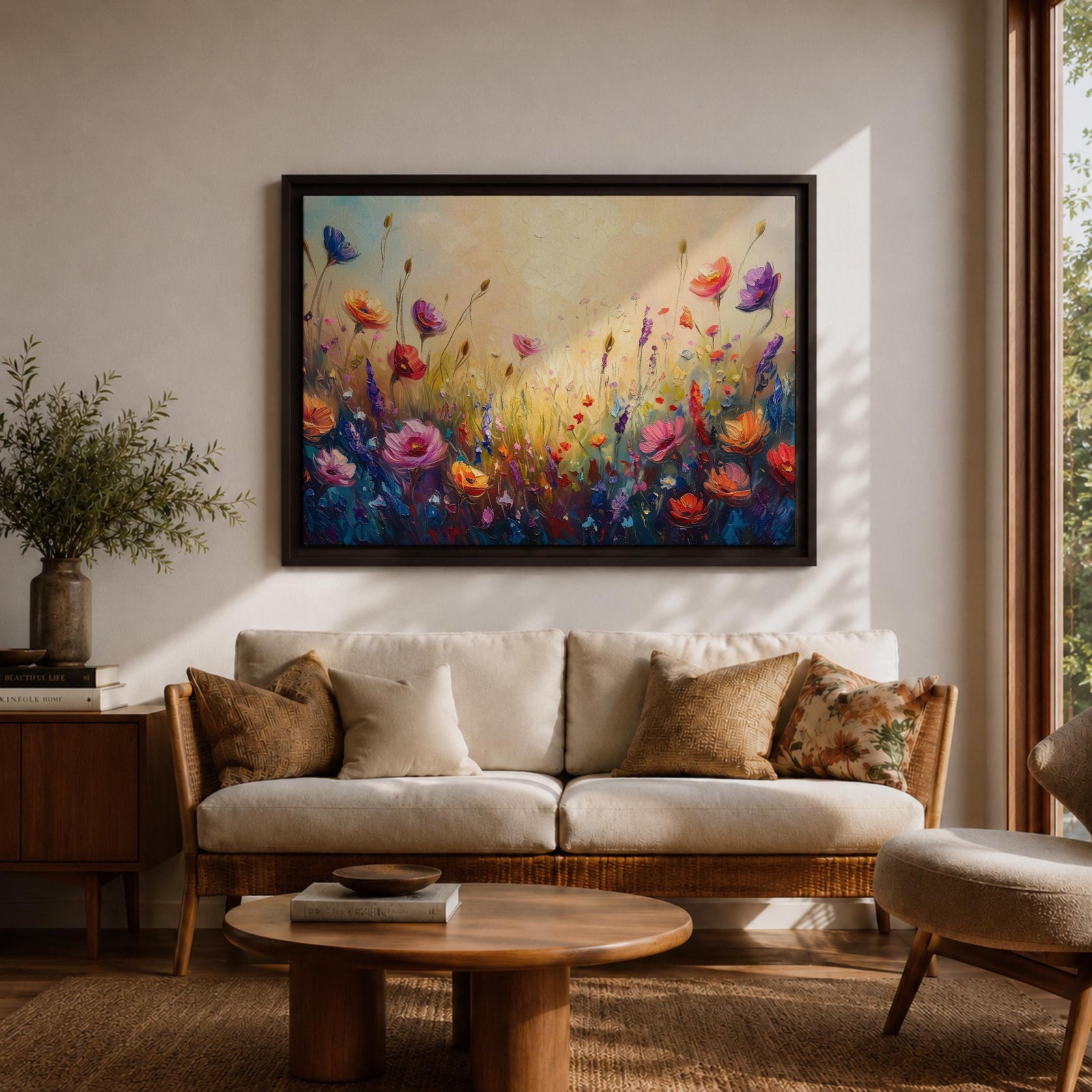 Wildflower Meadow Wall Art Flower Field Framed Canvas Botanical Impasto Floral Living Room Decor