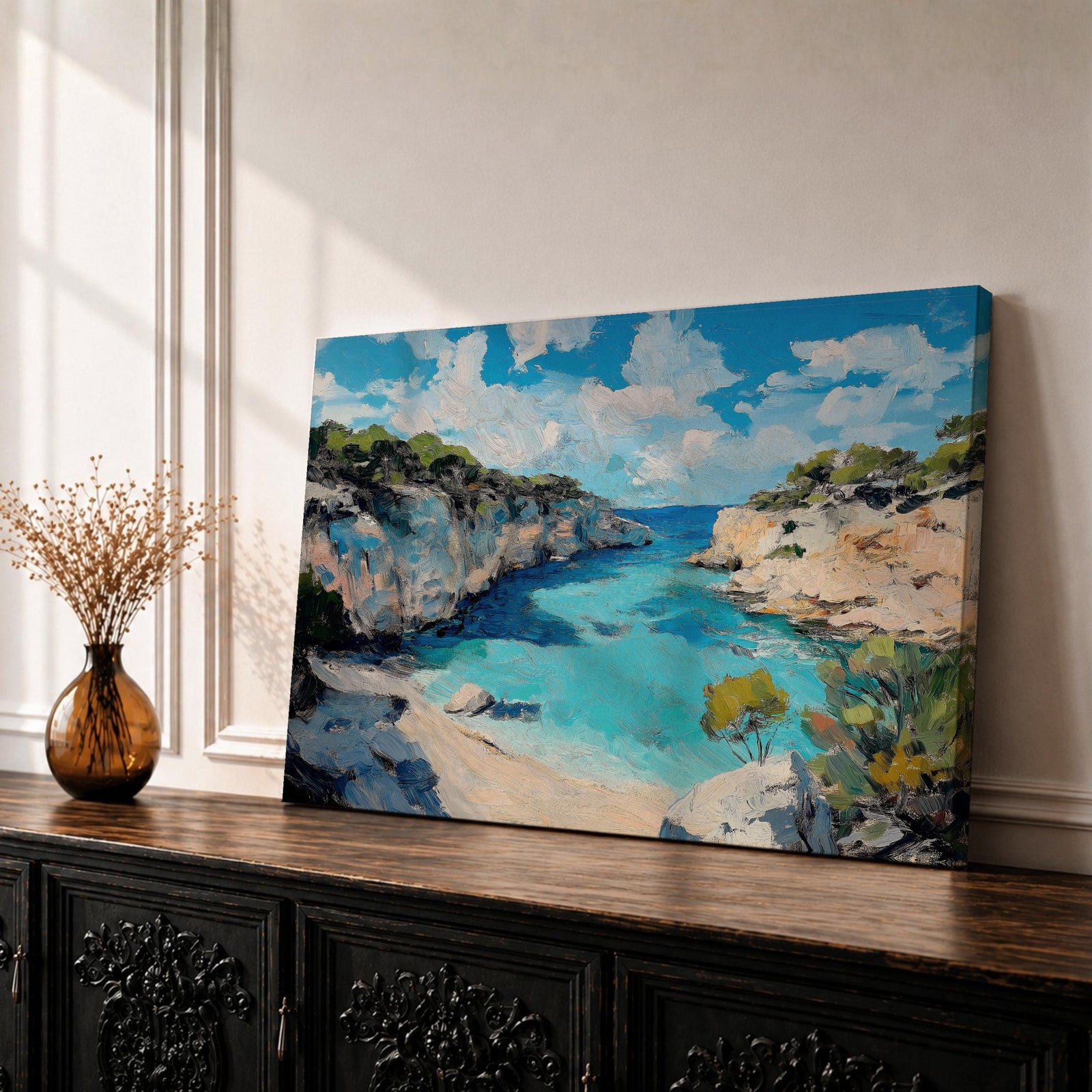 Mediterranean Coastal Wall Art Calanques Framed Canvas Ocean View Impasto Living Room Decor