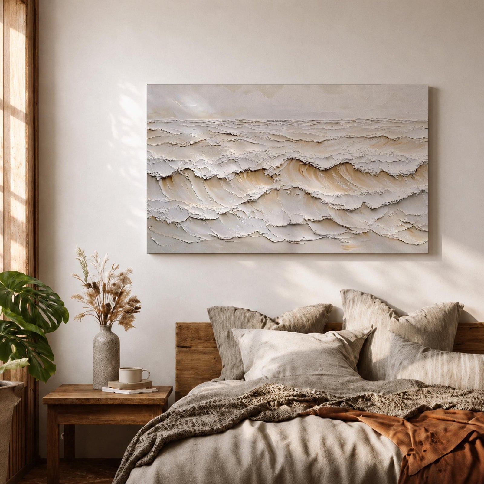 Ocean Waves Wall Art Ocean Surf Framed Canvas Coastal Seascape Impasto Beach House Decor